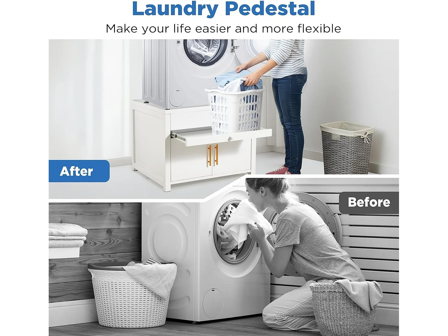 YODOLLA Waschmaschinen Untergestell mit Schubladen, Hochbelastbarer Unterschrank mit Ausziehregal & Stauraum, Weiß