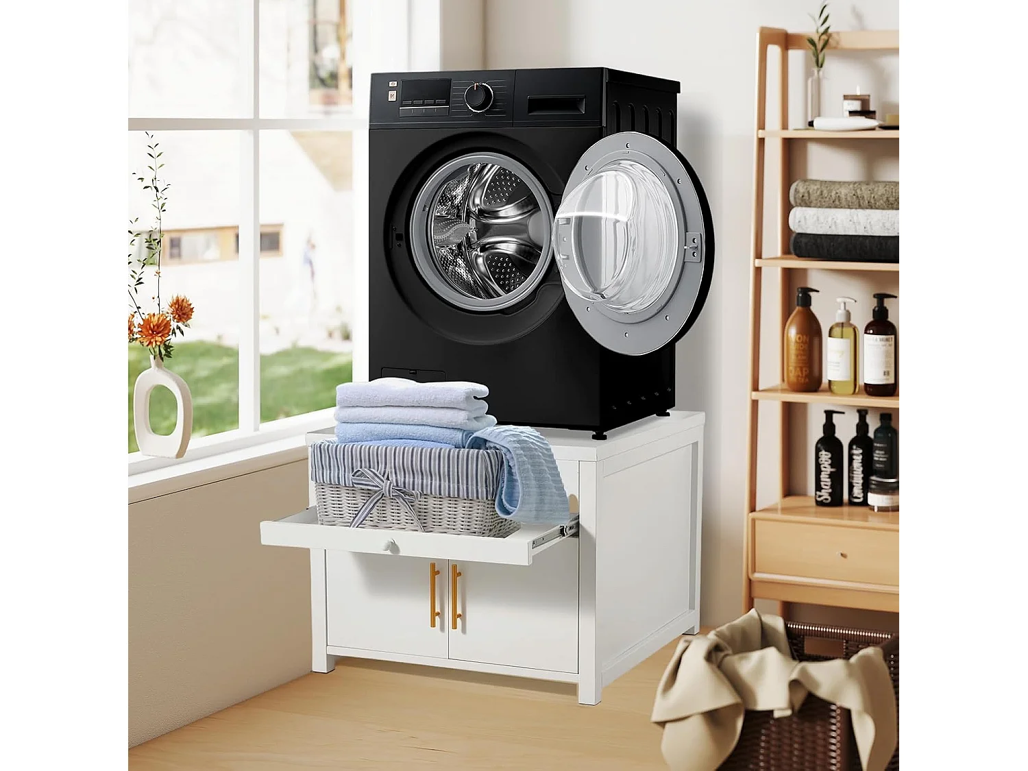 YODOLLA Waschmaschinen Untergestell mit Schubladen, Hochbelastbarer Unterschrank mit Ausziehregal & Stauraum, Weiß