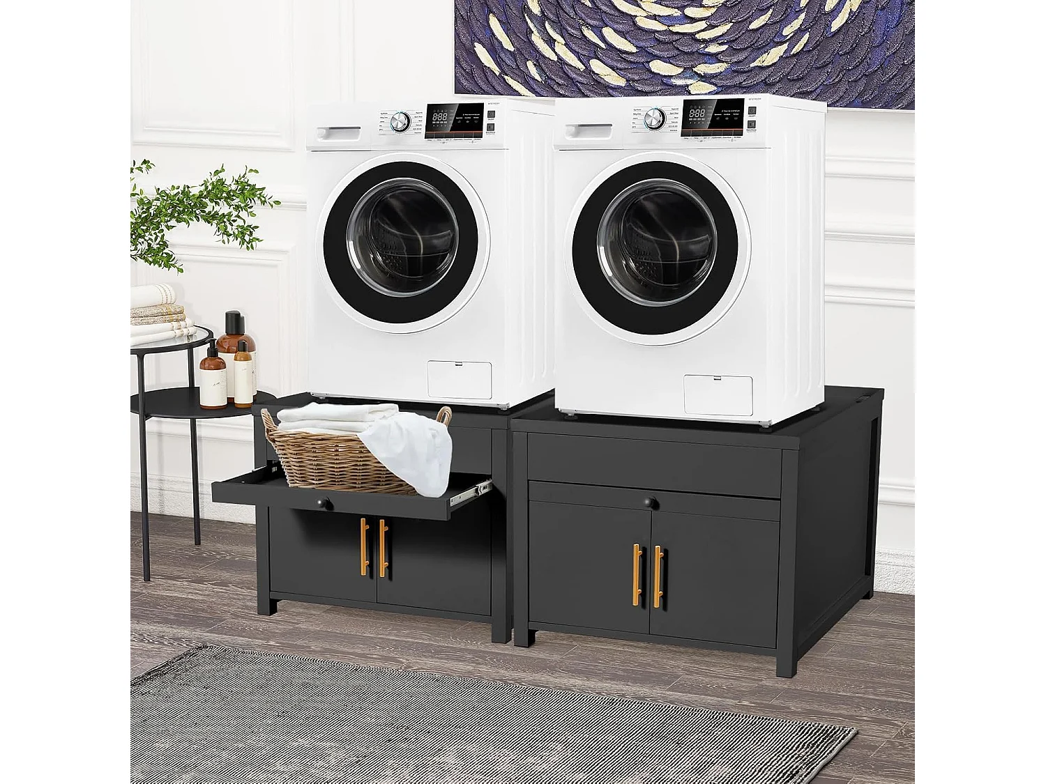 YODOLLA Waschmaschinen Untergestell mit Schubladen, Hochbelastbarer Unterschrank mit Ausziehregal & Stauraum, Schwarz