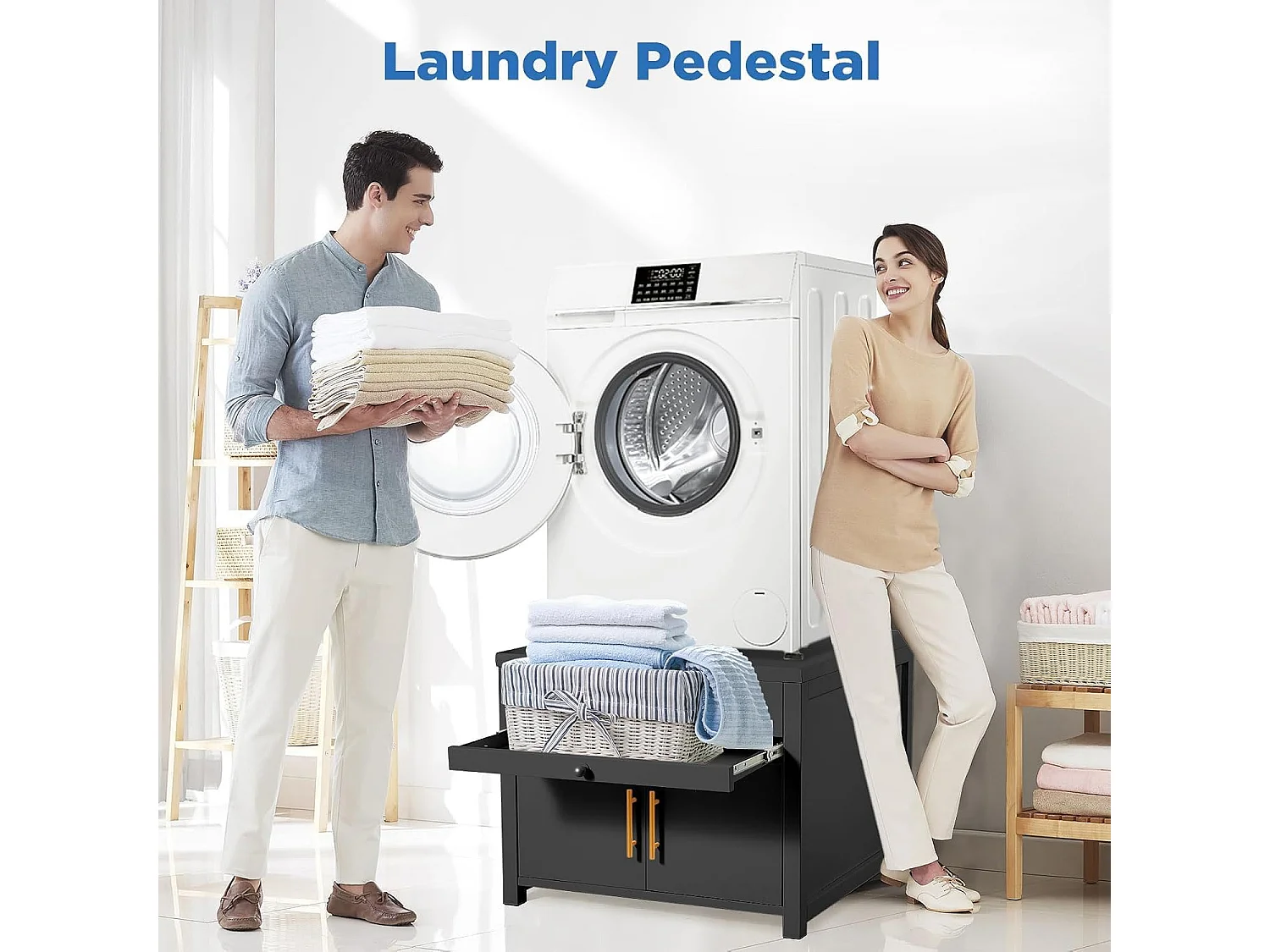 YODOLLA Waschmaschinen Untergestell mit Schubladen, Hochbelastbarer Unterschrank mit Ausziehregal & Stauraum, Schwarz