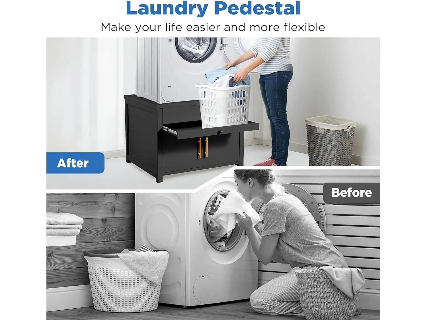 YODOLLA Waschmaschinen Untergestell mit Schubladen, Hochbelastbarer Unterschrank mit Ausziehregal & Stauraum, Schwarz
