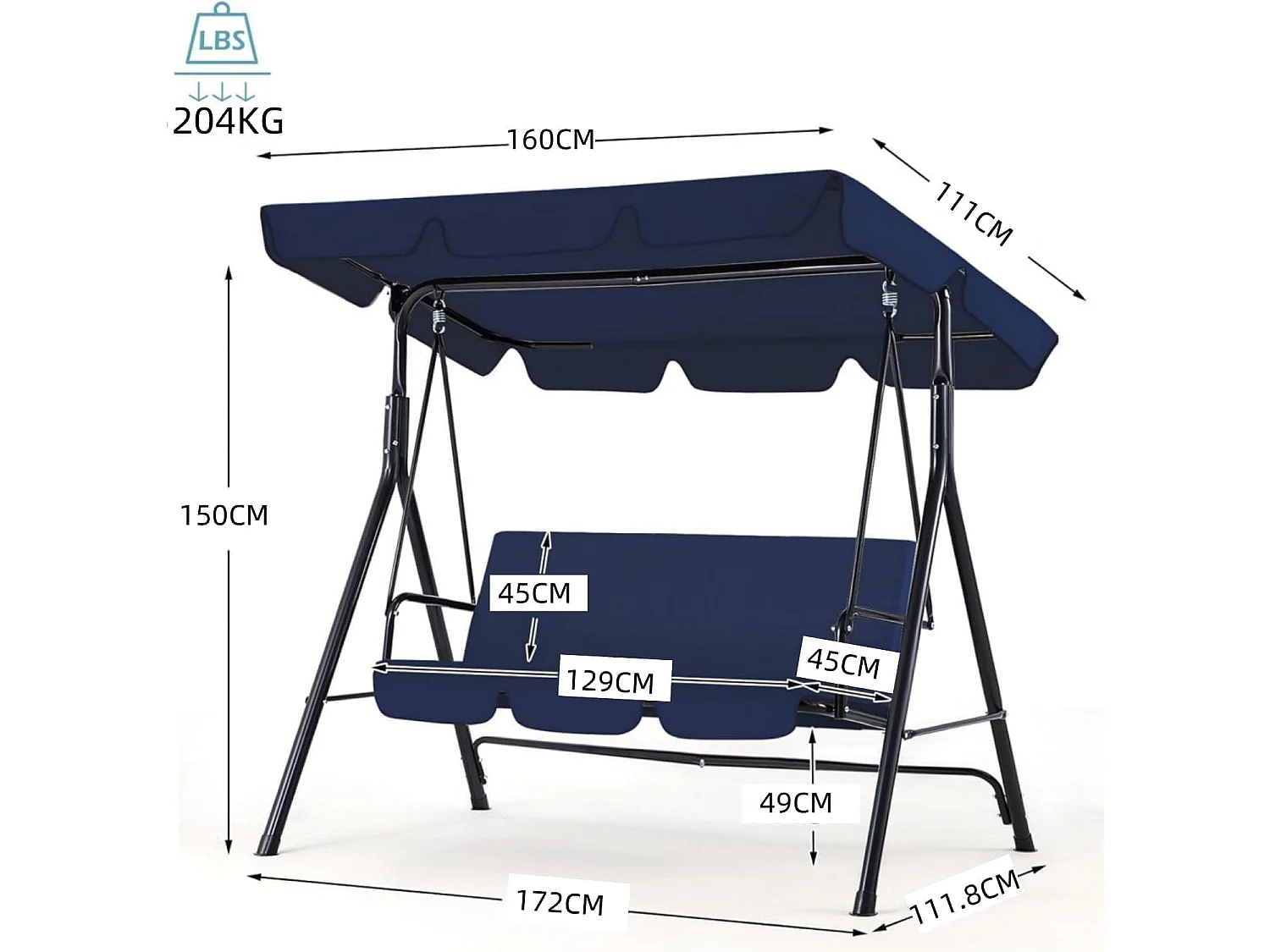 YODOLLA 3-Sitzer Hollywoodschaukel mit verstellbarem Vordach & abnehmbarem Kissen,Anti-Rutsch-Füßen -172x112x150 cm - Für Garten,Terrasse und Poolbereich,Blau