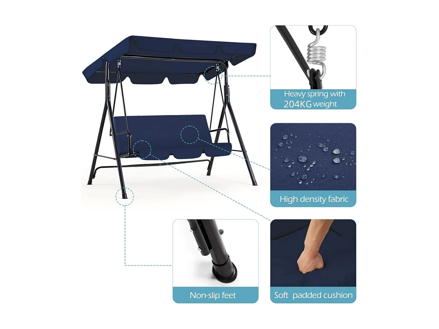 YODOLLA 3-Sitzer Hollywoodschaukel mit verstellbarem Vordach & abnehmbarem Kissen,Anti-Rutsch-Füßen -172x112x150 cm - Für Garten,Terrasse und Poolbereich,Blau