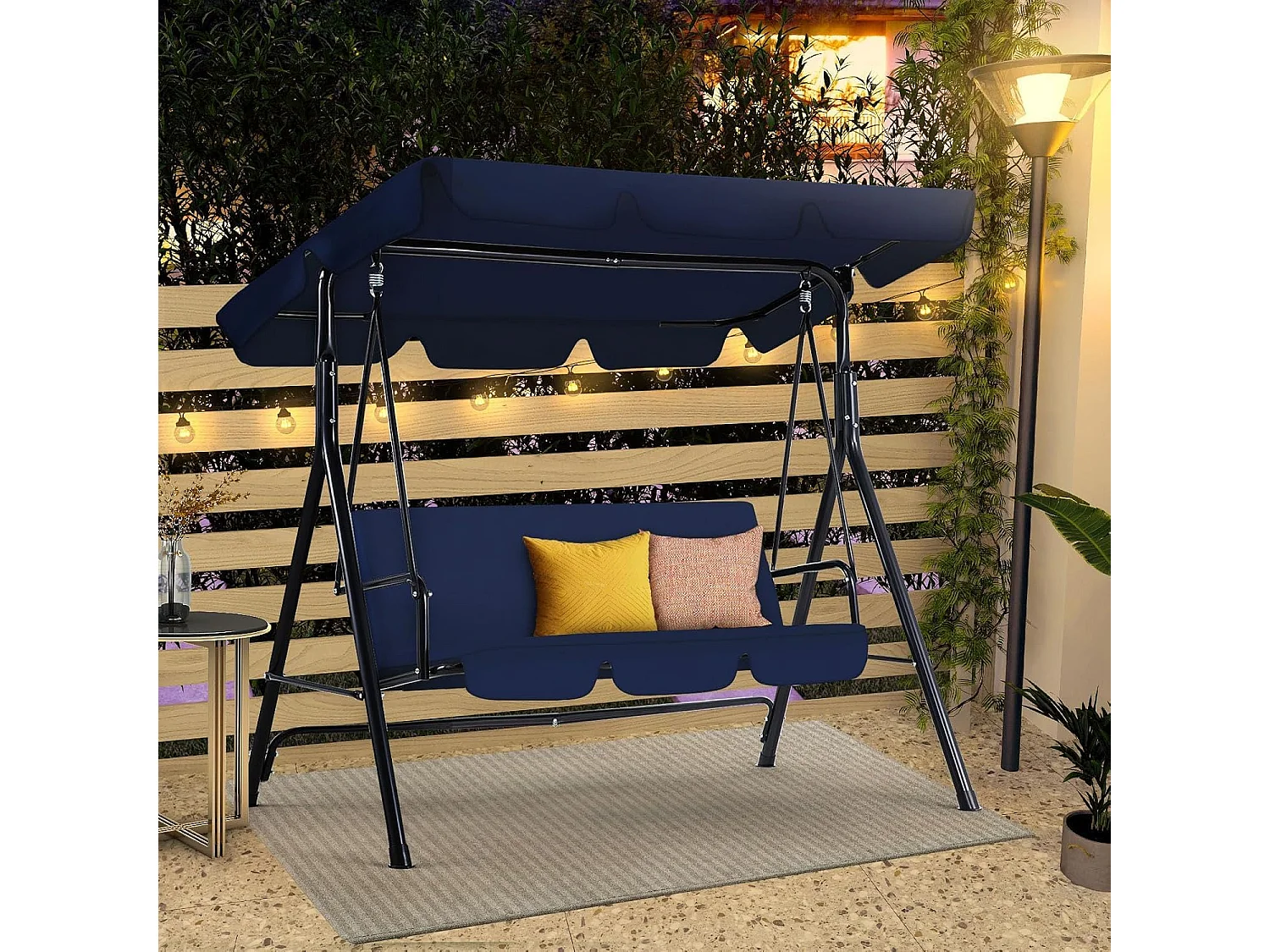 YODOLLA 3-Sitzer Hollywoodschaukel mit verstellbarem Vordach & abnehmbarem Kissen,Anti-Rutsch-Füßen -172x112x150 cm - Für Garten,Terrasse und Poolbereich,Blau