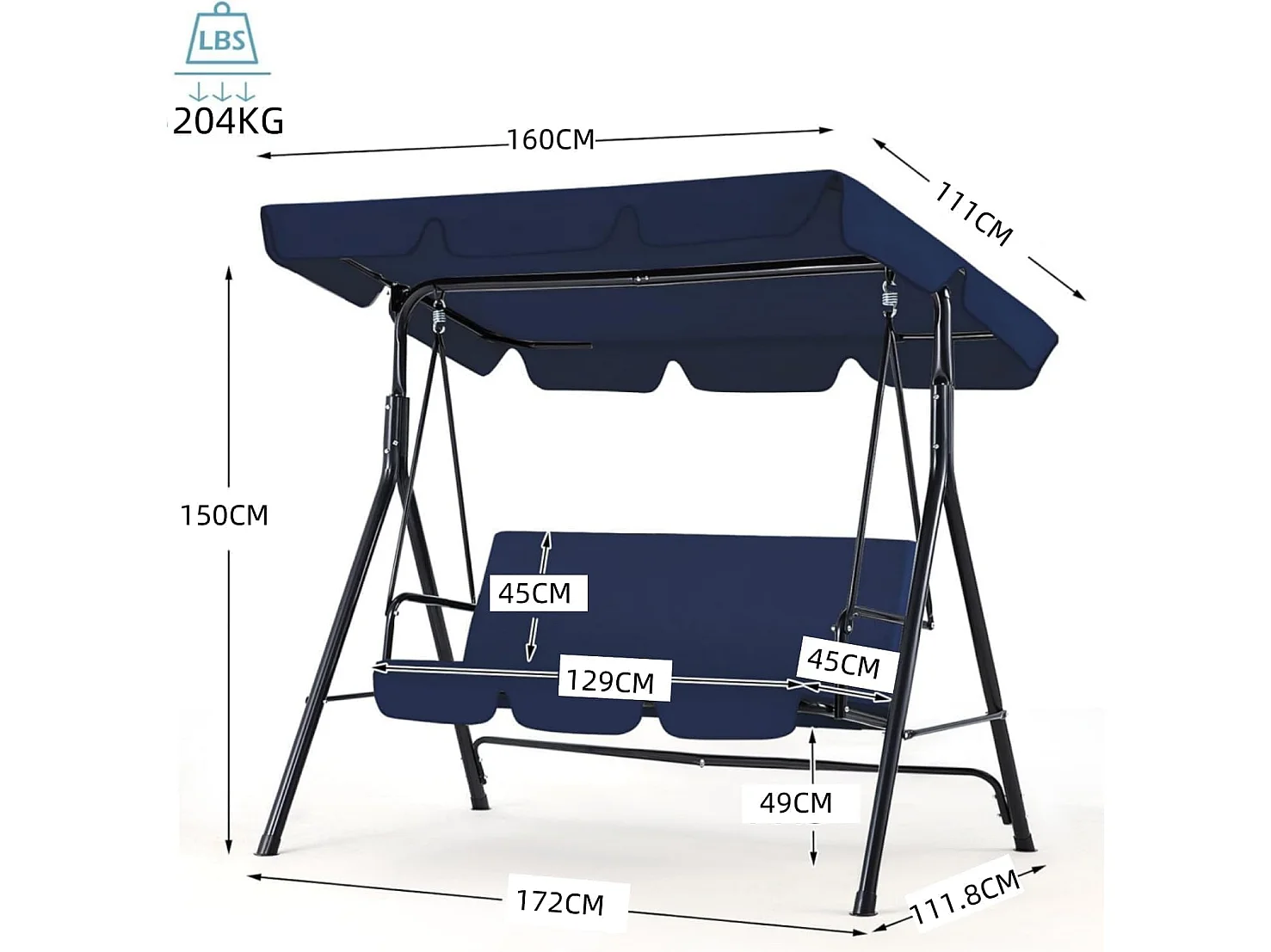 YODOLLA 3-Sitzer Gartenschaukel/Hollywoodschaukel 172x112x150 cm, mit verstellbarem Vordach & abnehmbaren Kissen, Anti-Rutsch-Füße, für Garten & Terrasse, Blau