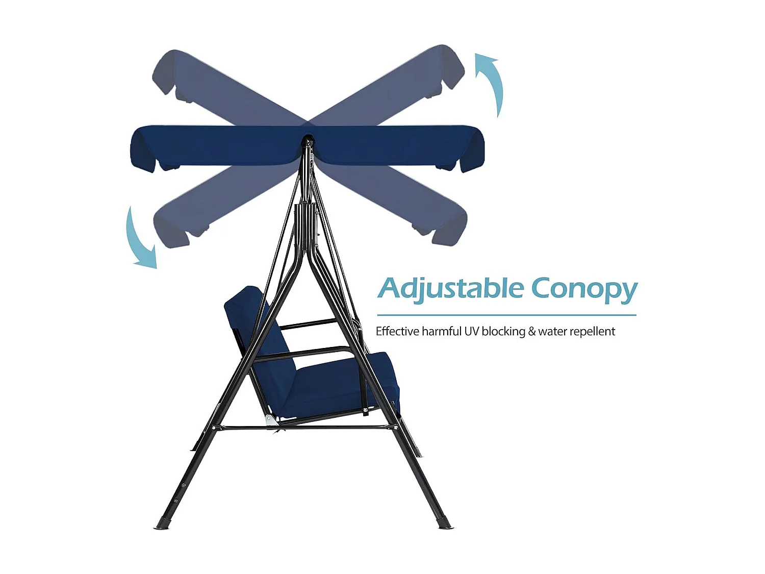 YODOLLA 3-Sitzer Gartenschaukel/Hollywoodschaukel 172x112x150 cm, mit verstellbarem Vordach & abnehmbaren Kissen, Anti-Rutsch-Füße, für Garten & Terrasse, Blau