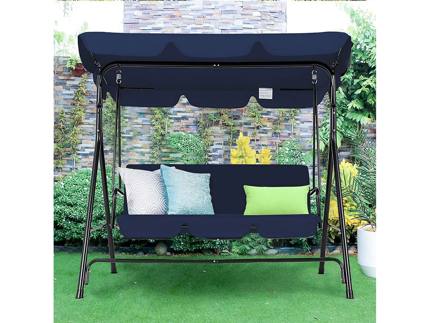 YODOLLA 3-Sitzer Gartenschaukel/Hollywoodschaukel 172x112x150 cm, mit verstellbarem Vordach & abnehmbaren Kissen, Anti-Rutsch-Füße, für Garten & Terrasse, Blau