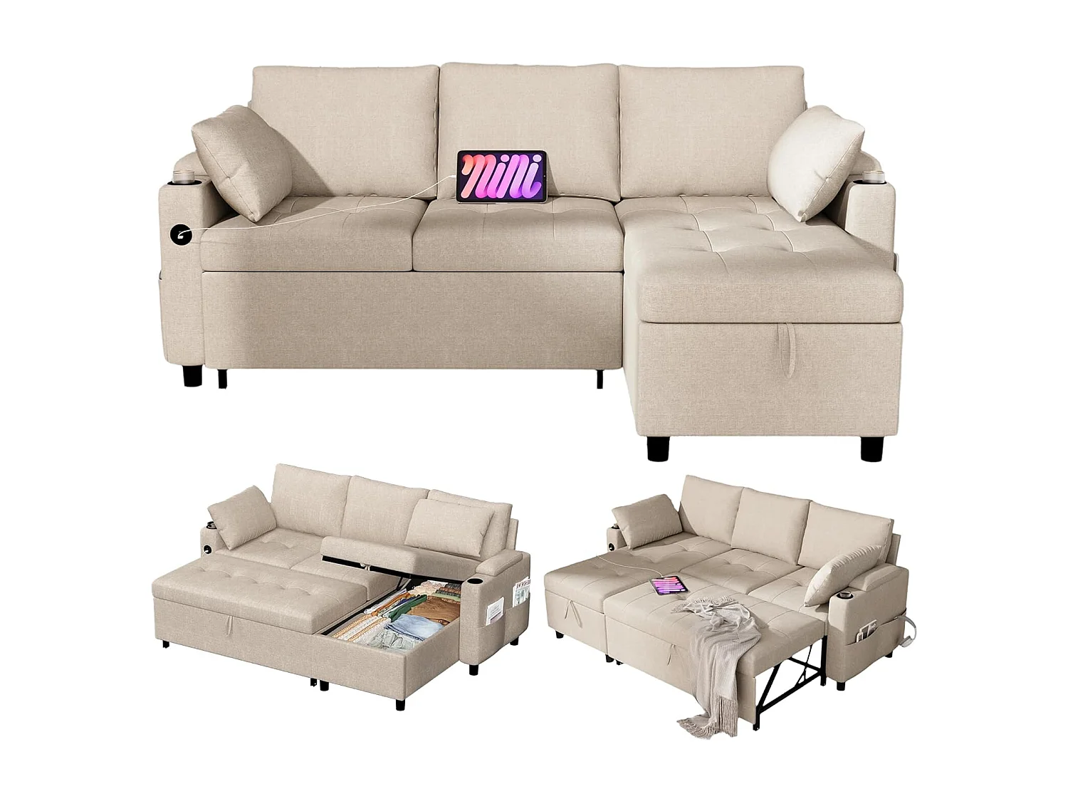 YODOLLA Schlafsofa 3-in-1, Umschaltbare Chaiselongue, Leder Schlafsofa mit Bettkasten, USB & Tassenhalter, Ausziehsofa für Wohnzimmer & Wohnung, Beige