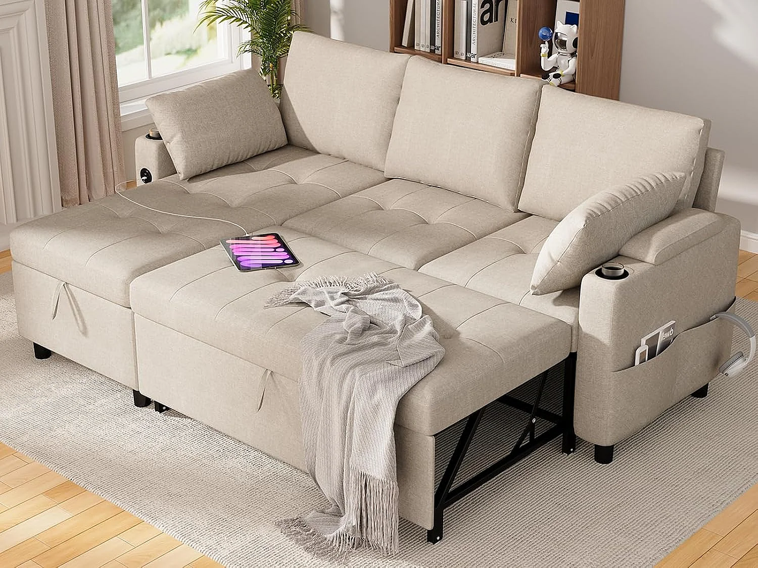 YODOLLA Schlafsofa 3-in-1, Umschaltbare Chaiselongue, Leder Schlafsofa mit Bettkasten, USB & Tassenhalter, Ausziehsofa für Wohnzimmer & Wohnung, Beige