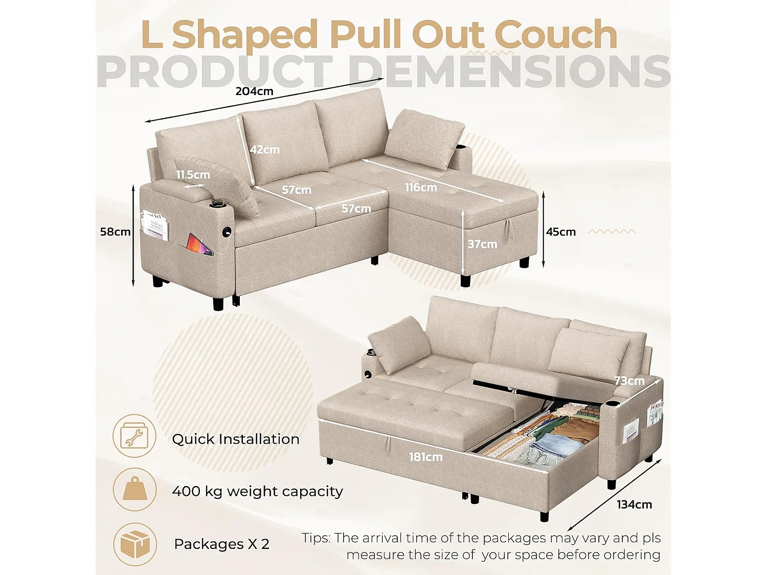 YODOLLA Schlafsofa 3-in-1, Umschaltbare Chaiselongue, Leder Schlafsofa mit Bettkasten, USB & Tassenhalter, Ausziehsofa für Wohnzimmer & Wohnung, Beige