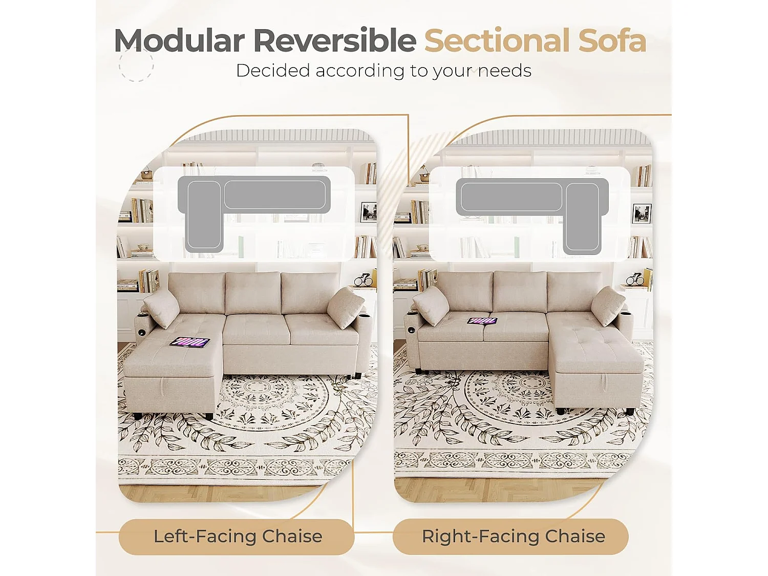 YODOLLA Schlafsofa 3-in-1, Umschaltbare Chaiselongue, Leder Schlafsofa mit Bettkasten, USB & Tassenhalter, Ausziehsofa für Wohnzimmer & Wohnung, Beige