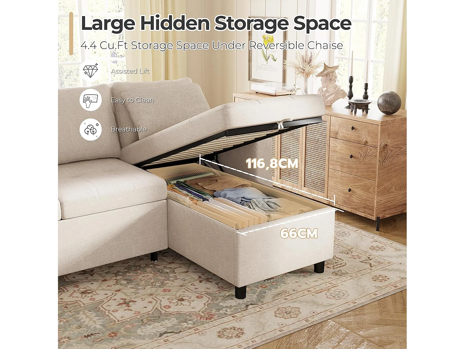 YODOLLA Schlafsofa 3-in-1, Umschaltbare Chaiselongue, Leder Schlafsofa mit Bettkasten, USB & Tassenhalter, Ausziehsofa für Wohnzimmer & Wohnung, Beige