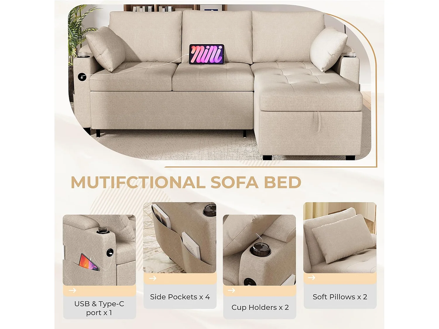 YODOLLA Schlafsofa 3-in-1, Umschaltbare Chaiselongue, Leder Schlafsofa mit Bettkasten, USB & Tassenhalter, Ausziehsofa für Wohnzimmer & Wohnung, Beige