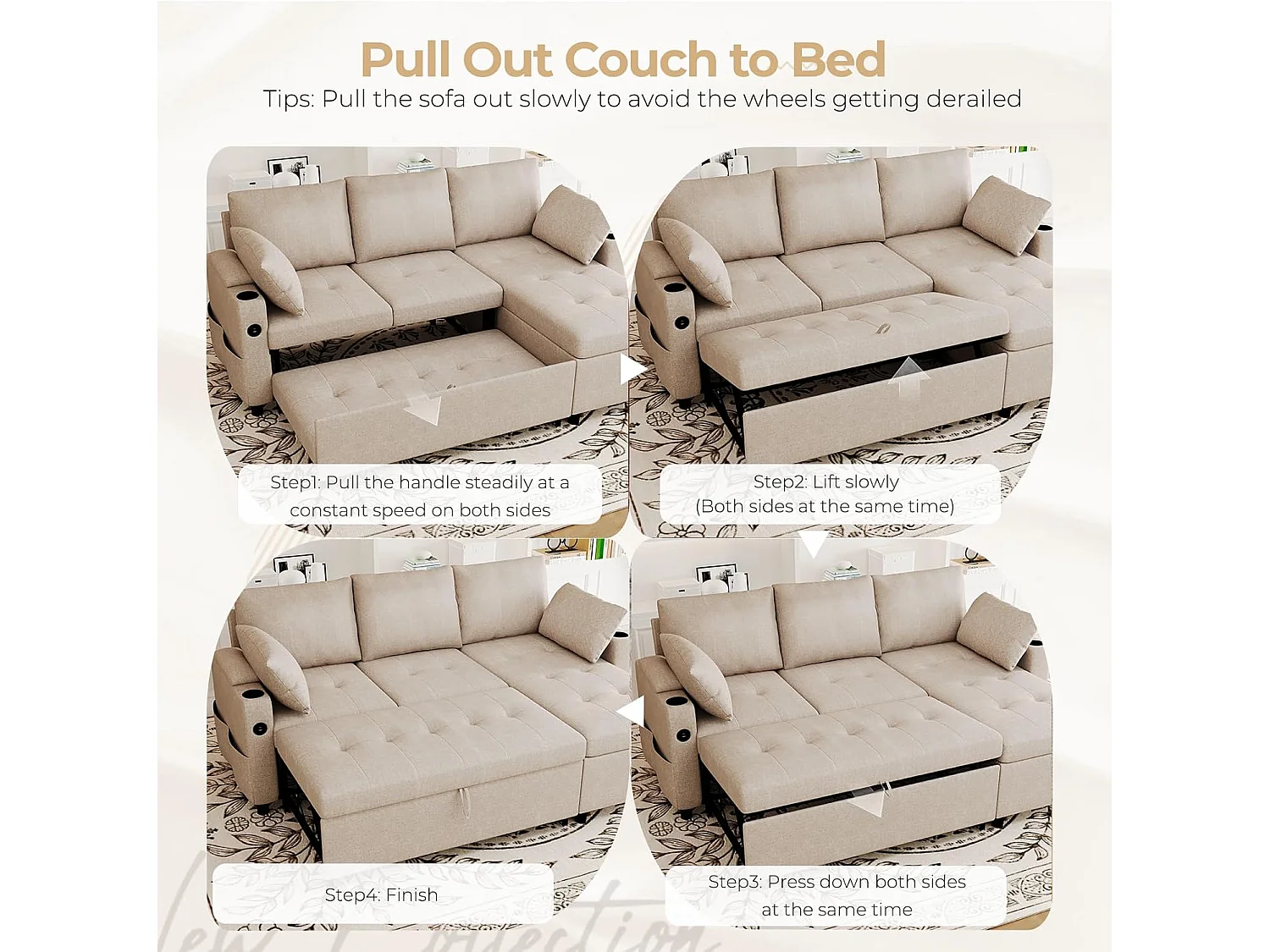 YODOLLA Schlafsofa 3-in-1, Umschaltbare Chaiselongue, Leder Schlafsofa mit Bettkasten, USB & Tassenhalter, Ausziehsofa für Wohnzimmer & Wohnung, Beige