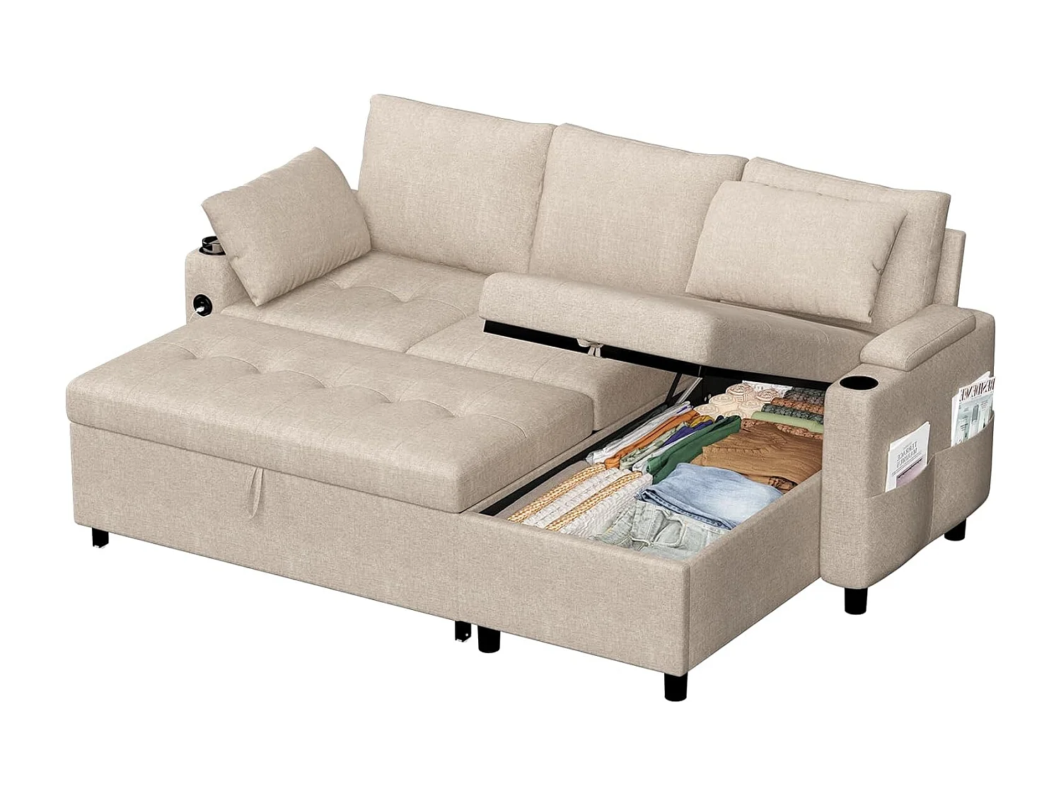 YODOLLA Schlafsofa 3-in-1, Umschaltbare Chaiselongue, Leder Schlafsofa mit Bettkasten, USB & Tassenhalter, Ausziehsofa für Wohnzimmer & Wohnung, Beige