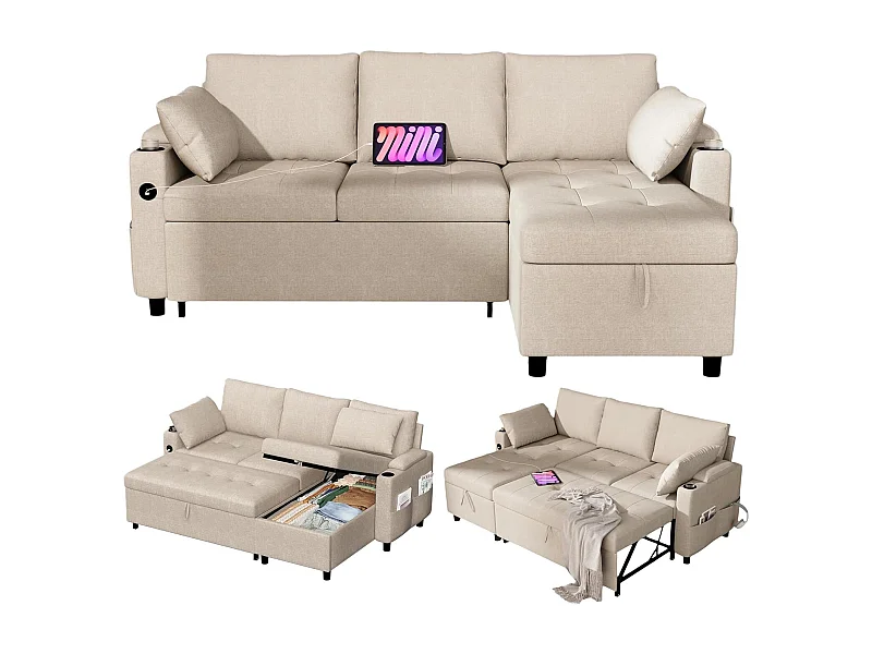 YODOLLA Schlafsofa 3-in-1, Umschaltbare Chaiselongue, Leder Schlafsofa mit Bettkasten, USB & Tassenhalter, Ausziehsofa für Wohnzimmer & Wohnung, Beige
