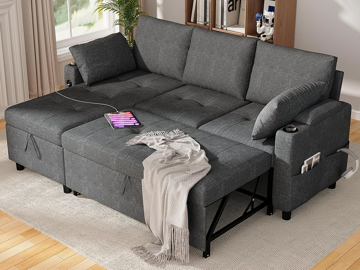 YODOLLA Schlafsofa 3-in-1, Umschaltbare Chaiselongue, Leder Schlafsofa mit Bettkasten, USB & Tassenhalter, Ausziehsofa für Wohnzimmer & Wohnung, Grau