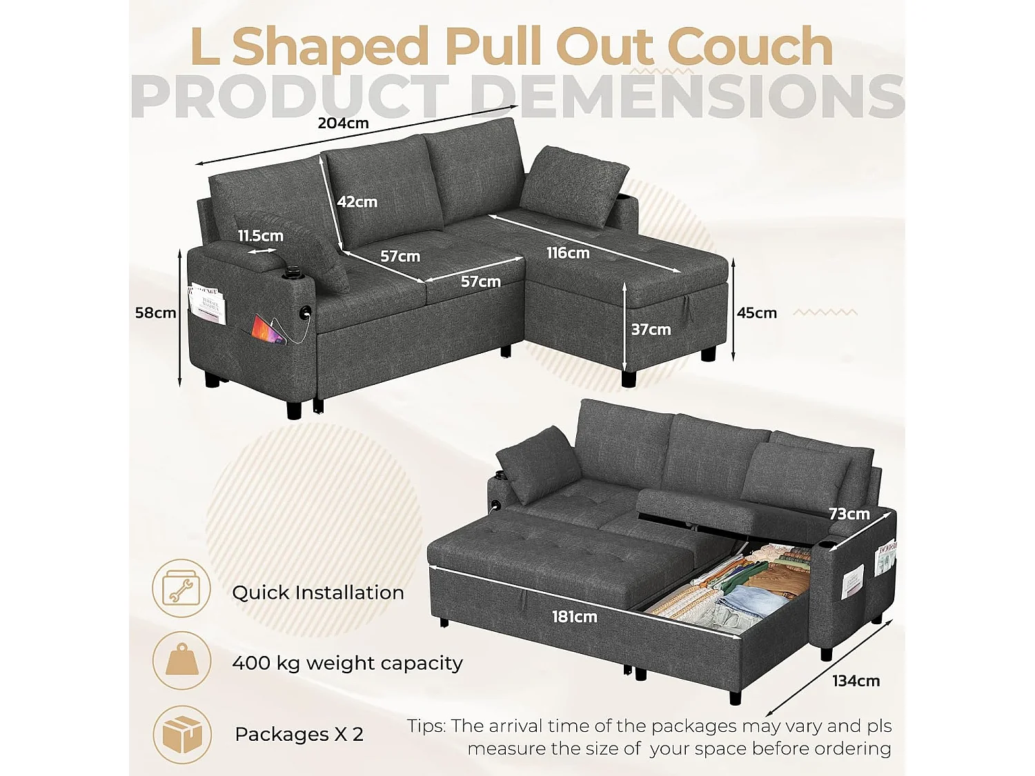 YODOLLA Schlafsofa 3-in-1, Umschaltbare Chaiselongue, Leder Schlafsofa mit Bettkasten, USB & Tassenhalter, Ausziehsofa für Wohnzimmer & Wohnung, Grau