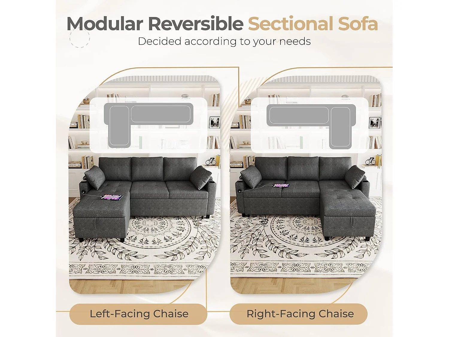 YODOLLA Schlafsofa 3-in-1, Umschaltbare Chaiselongue, Leder Schlafsofa mit Bettkasten, USB & Tassenhalter, Ausziehsofa für Wohnzimmer & Wohnung, Grau
