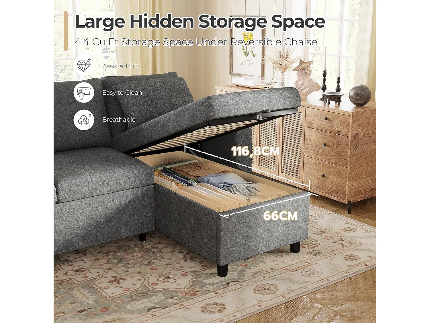 YODOLLA Schlafsofa 3-in-1, Umschaltbare Chaiselongue, Leder Schlafsofa mit Bettkasten, USB & Tassenhalter, Ausziehsofa für Wohnzimmer & Wohnung, Grau