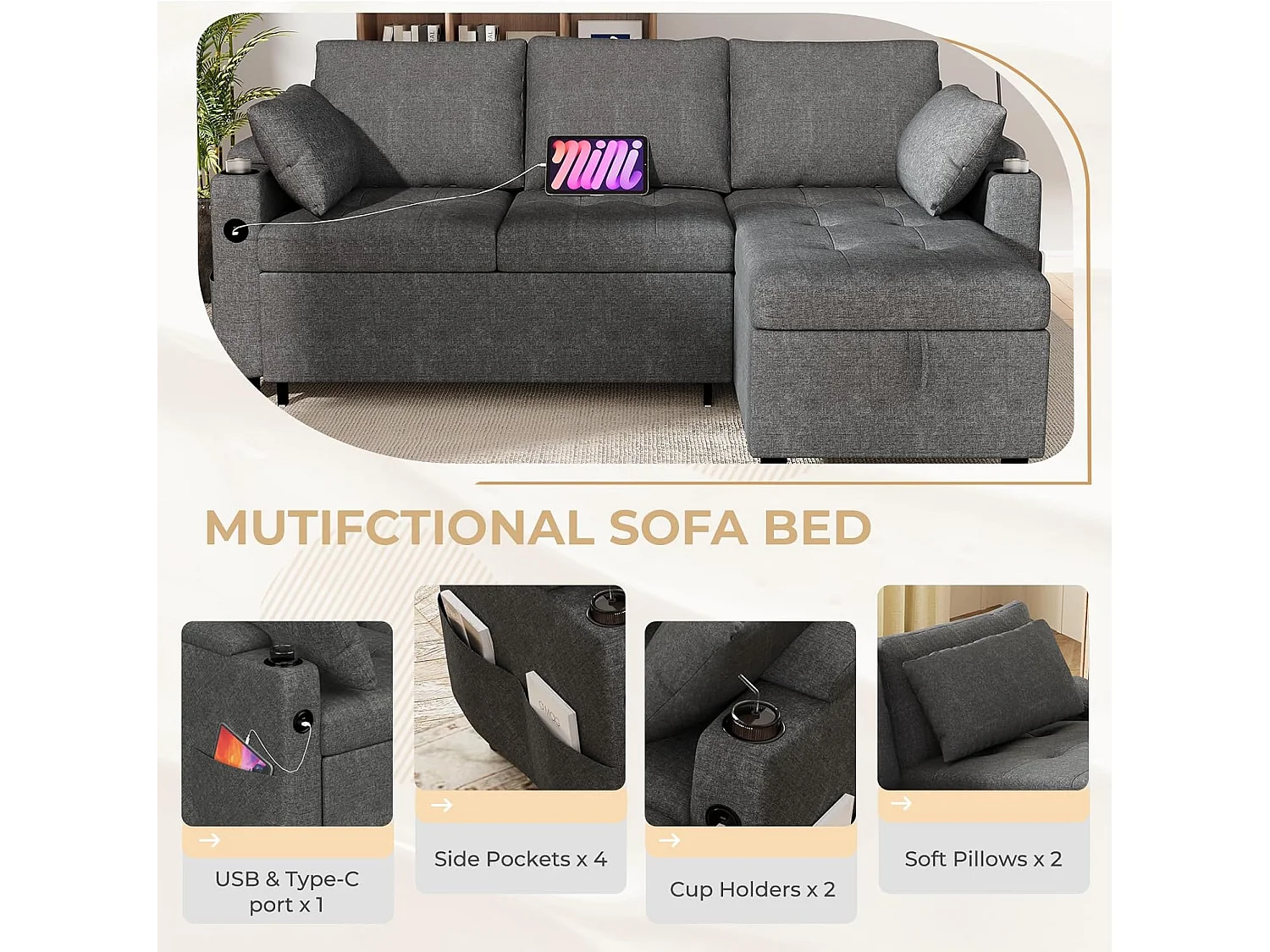 YODOLLA Schlafsofa 3-in-1, Umschaltbare Chaiselongue, Leder Schlafsofa mit Bettkasten, USB & Tassenhalter, Ausziehsofa für Wohnzimmer & Wohnung, Grau