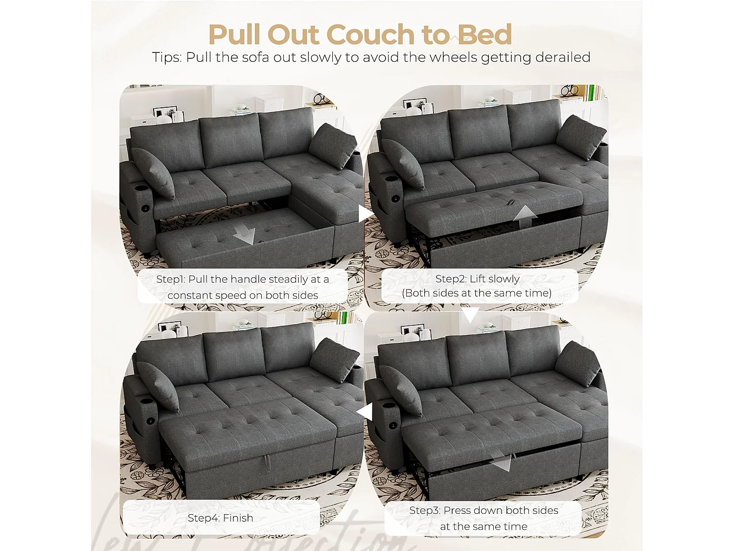 YODOLLA Schlafsofa 3-in-1, Umschaltbare Chaiselongue, Leder Schlafsofa mit Bettkasten, USB & Tassenhalter, Ausziehsofa für Wohnzimmer & Wohnung, Grau