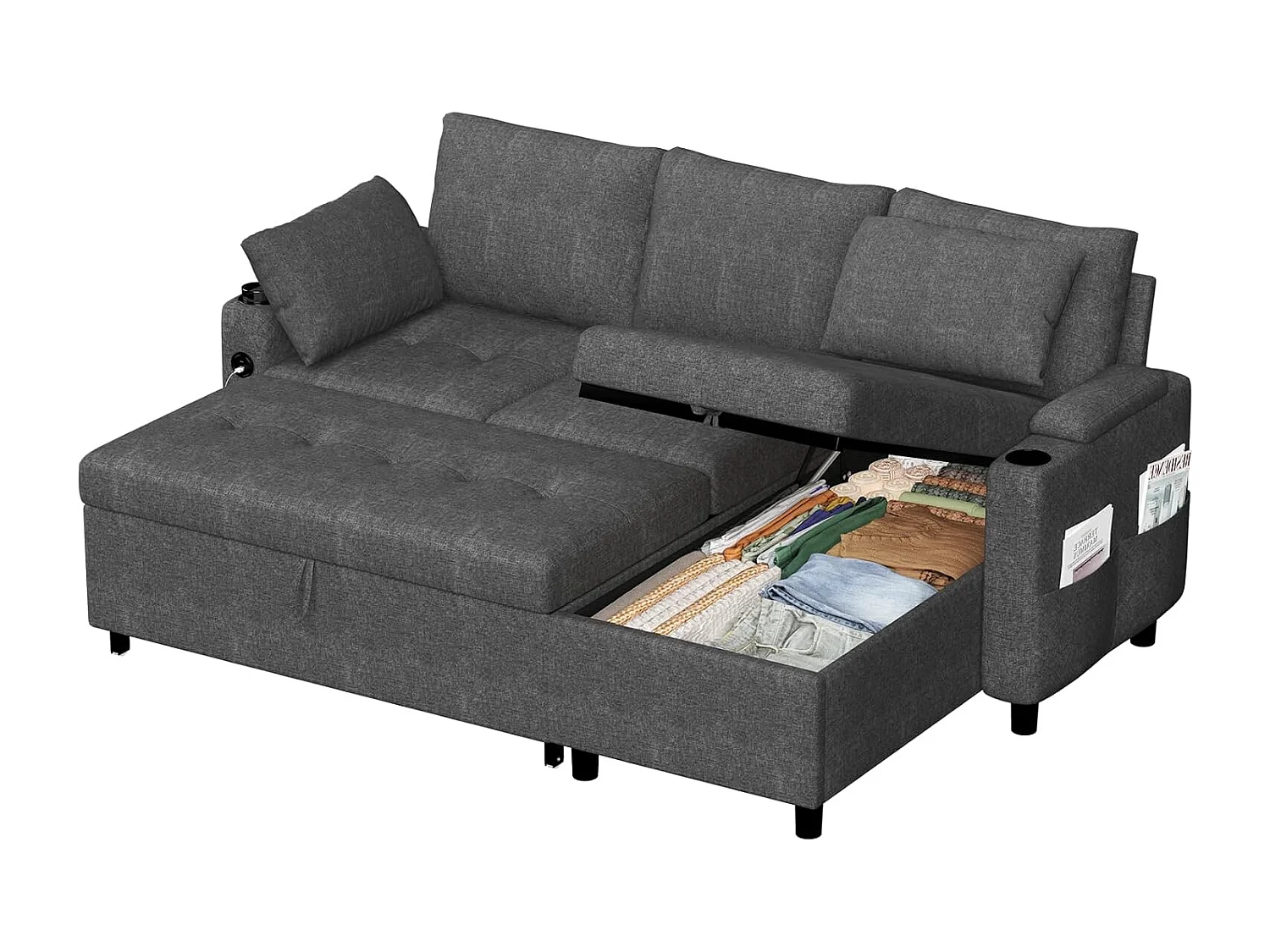 YODOLLA Schlafsofa 3-in-1, Umschaltbare Chaiselongue, Leder Schlafsofa mit Bettkasten, USB & Tassenhalter, Ausziehsofa für Wohnzimmer & Wohnung, Grau