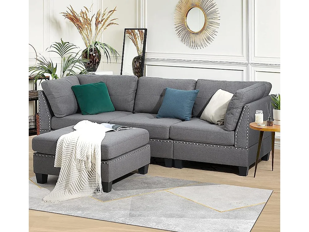 YODOLLA Canapé d'angle Sectionnel 225cm, 3-4 Places Gris avec Repos-Pieds, Moderne pour Salon (Forme L)