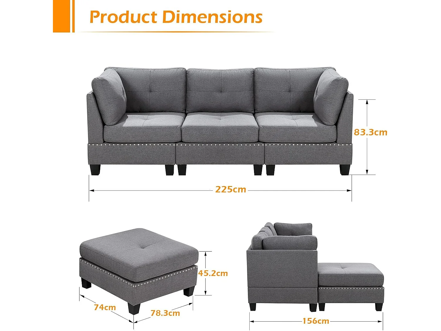 YODOLLA Canapé d'angle Sectionnel 225cm, 3-4 Places Gris avec Repos-Pieds, Moderne pour Salon (Forme L)