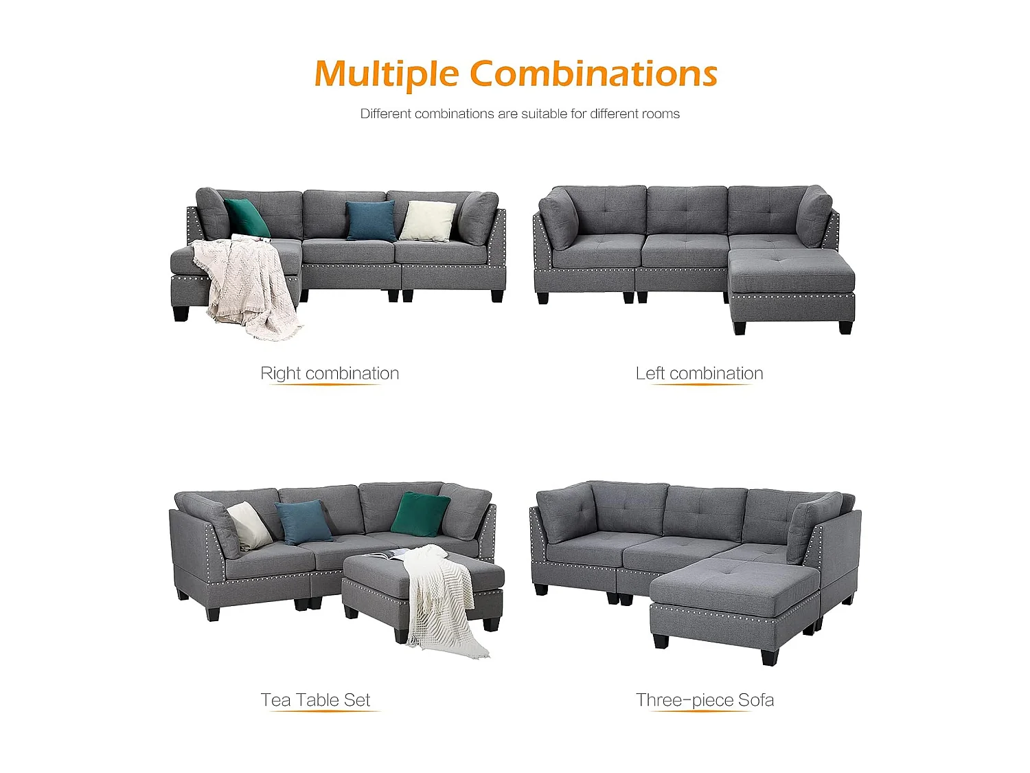 YODOLLA Canapé d'angle Sectionnel 225cm, 3-4 Places Gris avec Repos-Pieds, Moderne pour Salon (Forme L)