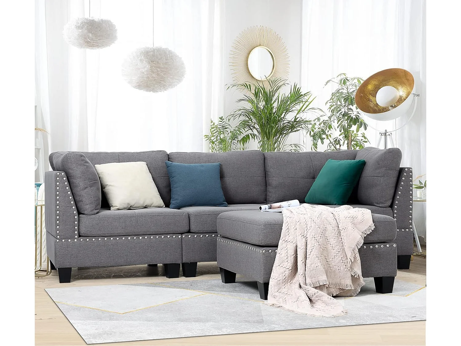 YODOLLA Canapé d'angle Sectionnel 225cm, 3-4 Places Gris avec Repos-Pieds, Moderne pour Salon (Forme L)