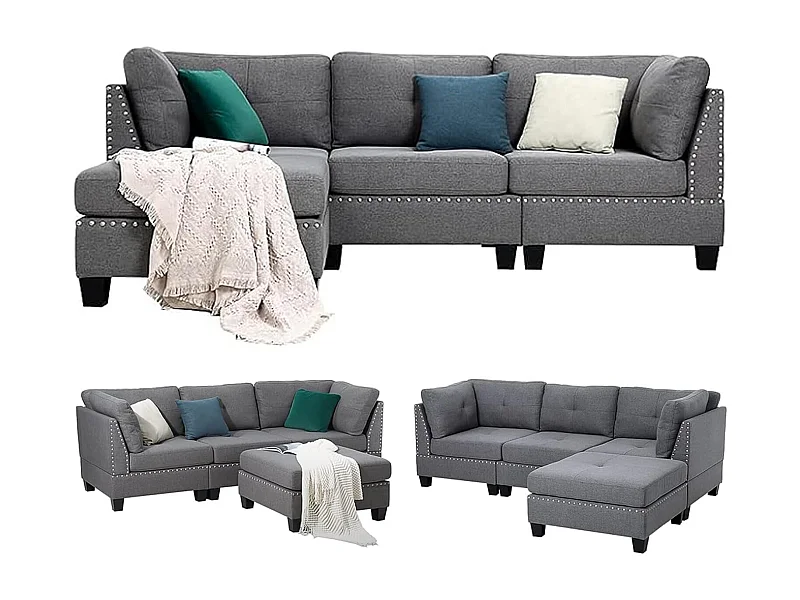 YODOLLA Canapé d'angle Sectionnel 225cm, 3-4 Places Gris avec Repos-Pieds, Moderne pour Salon (Forme L)