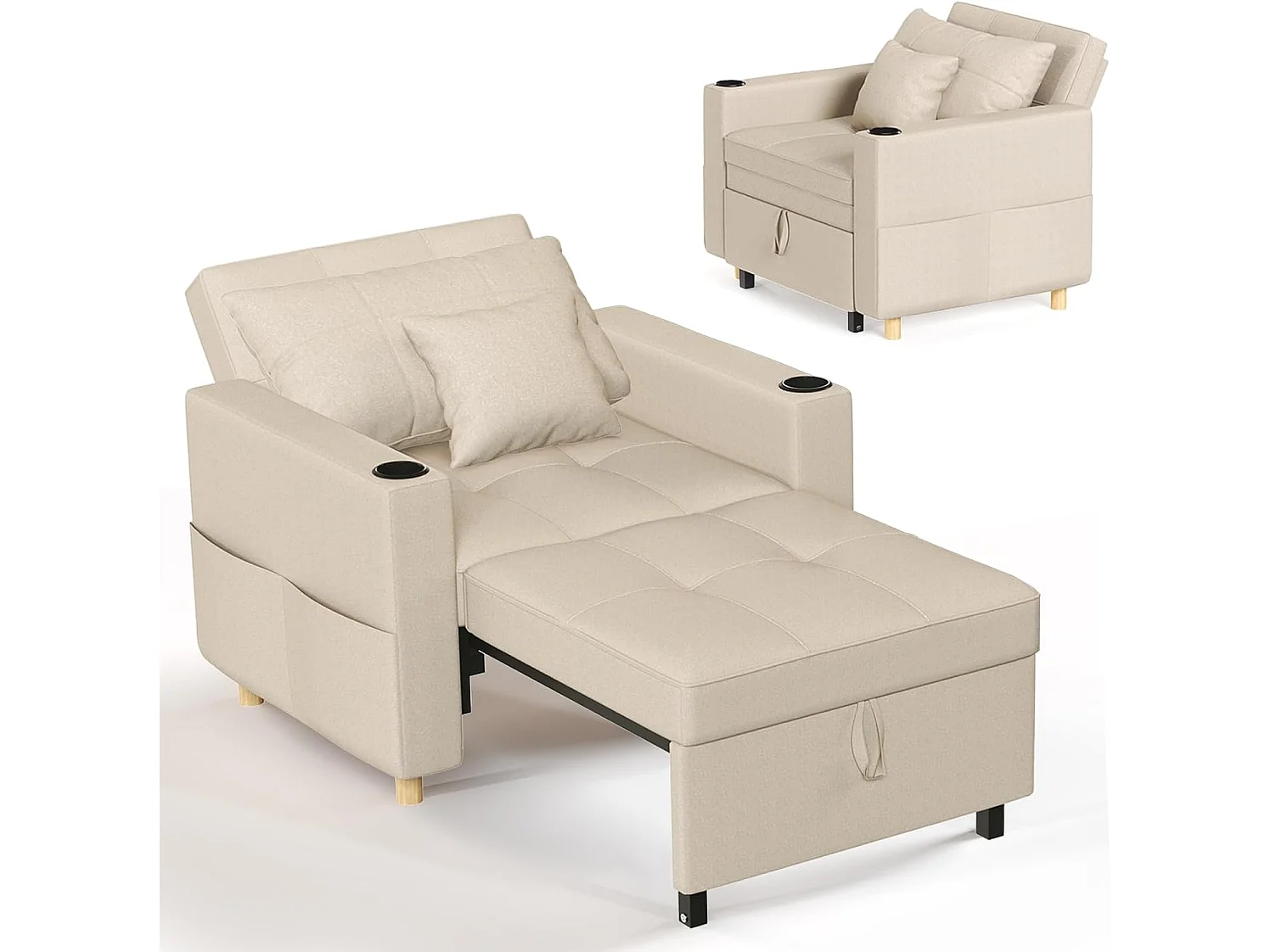 YODOLLA 188cm Chaise-Lit, 3-en-1 Siège Extensible avec Fonction Lit, Poche Latérale & Dossier Réglable pour Chambre d'Invités, Beige