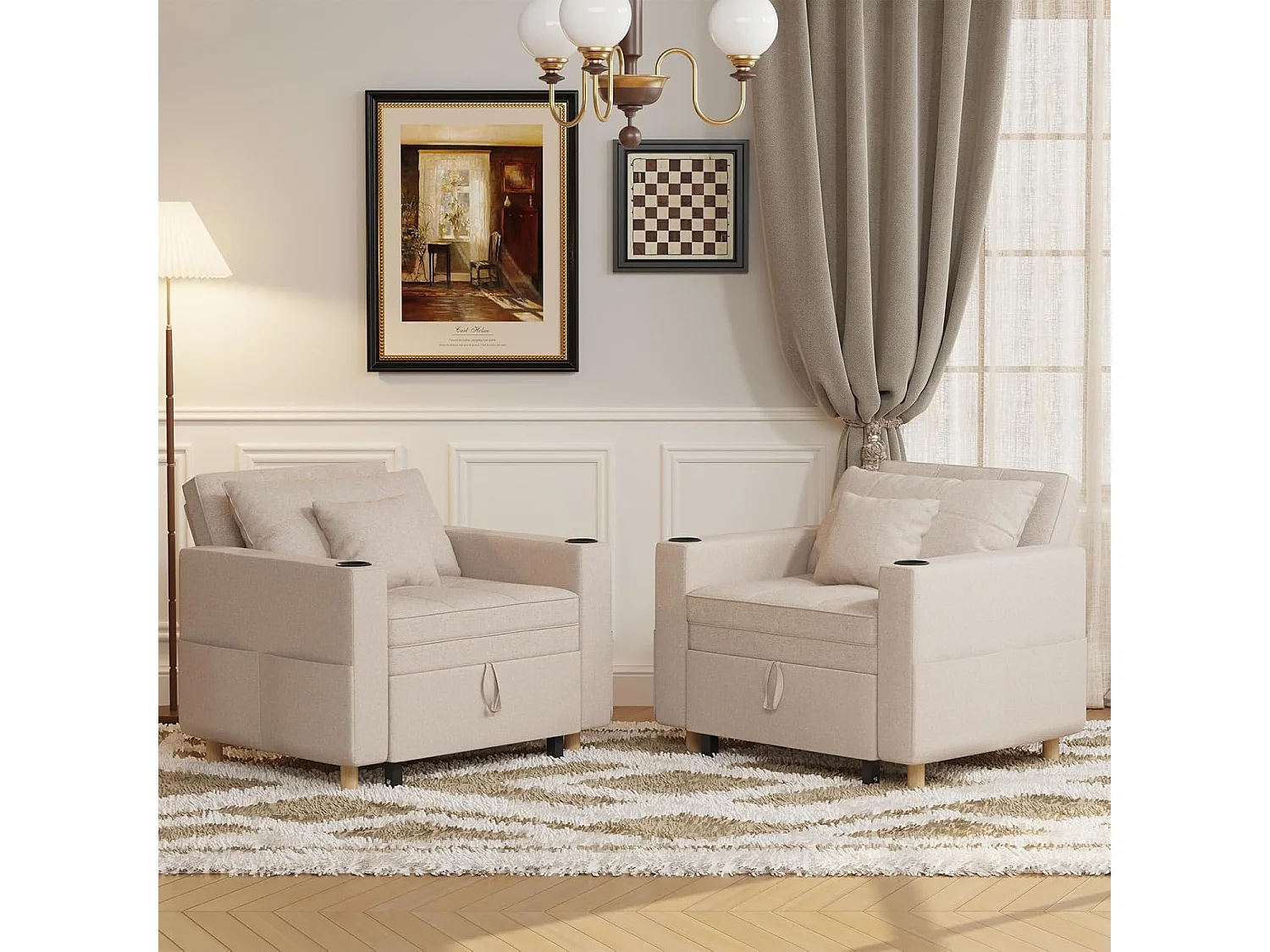 YODOLLA 188cm Chaise-Lit, 3-en-1 Siège Extensible avec Fonction Lit, Poche Latérale & Dossier Réglable pour Chambre d'Invités, Beige