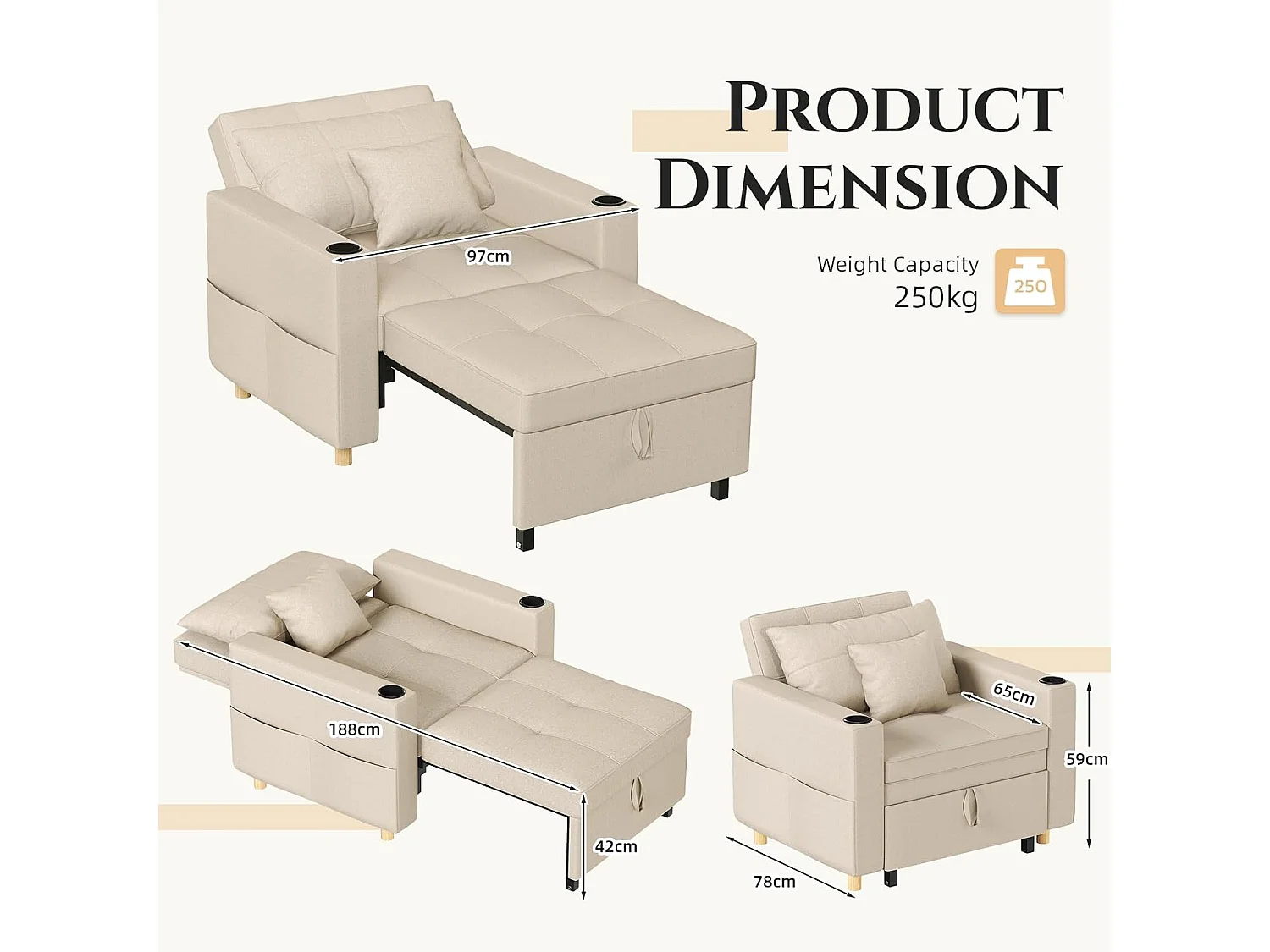 YODOLLA 188cm Chaise-Lit, 3-en-1 Siège Extensible avec Fonction Lit, Poche Latérale & Dossier Réglable pour Chambre d'Invités, Beige