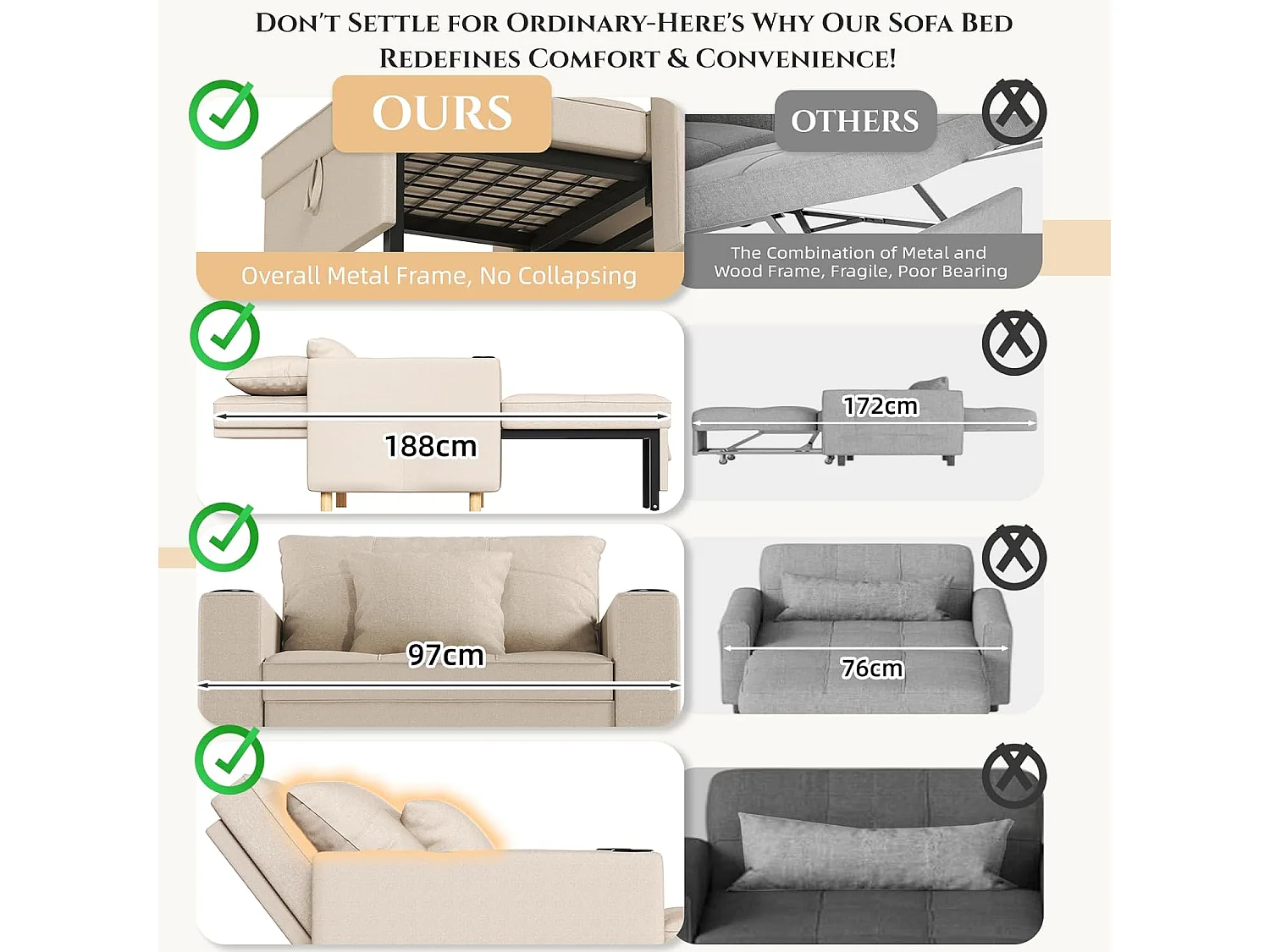 YODOLLA 188cm Chaise-Lit, 3-en-1 Siège Extensible avec Fonction Lit, Poche Latérale & Dossier Réglable pour Chambre d'Invités, Beige