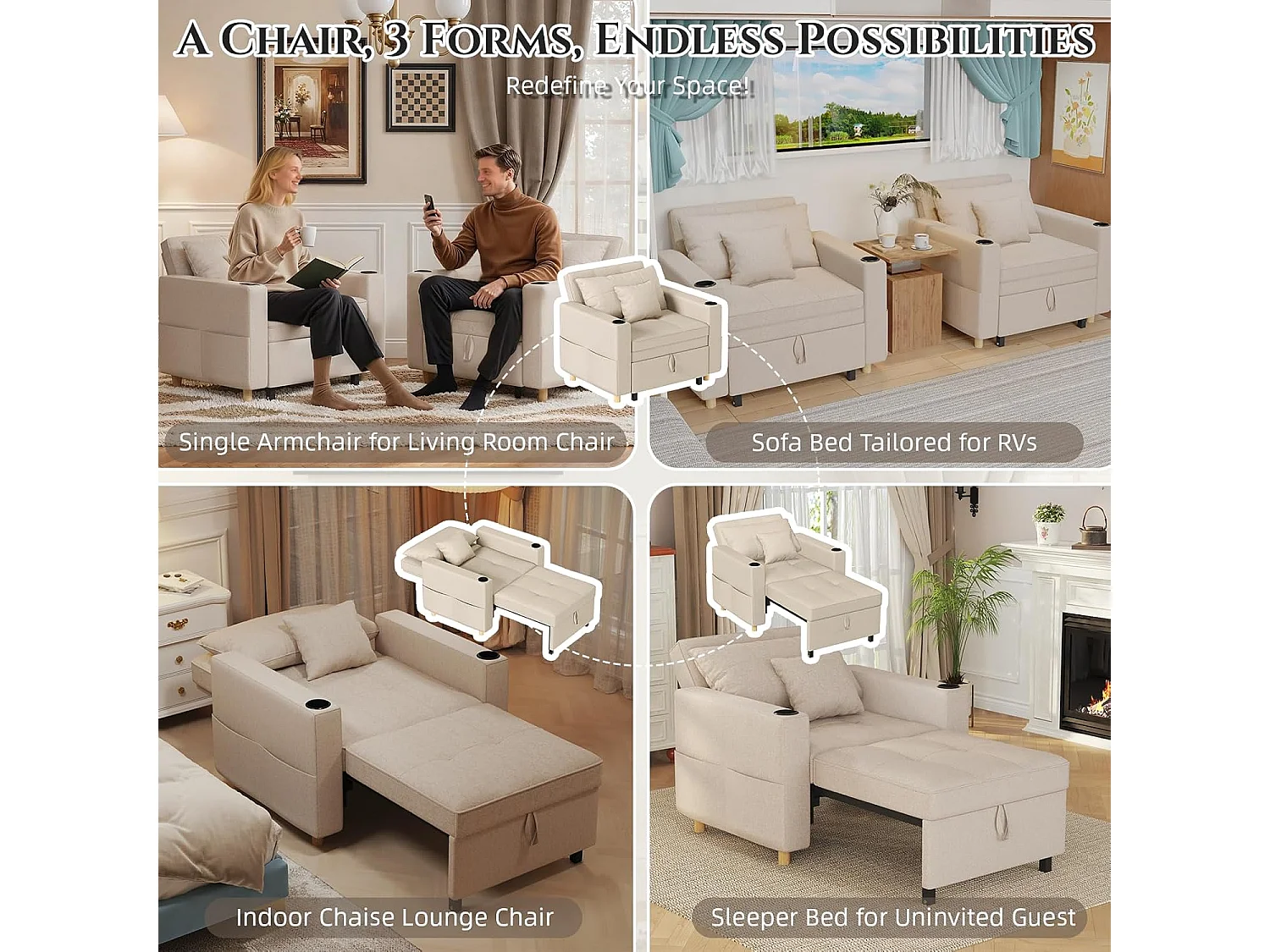 YODOLLA 188cm Chaise-Lit, 3-en-1 Siège Extensible avec Fonction Lit, Poche Latérale & Dossier Réglable pour Chambre d'Invités, Beige