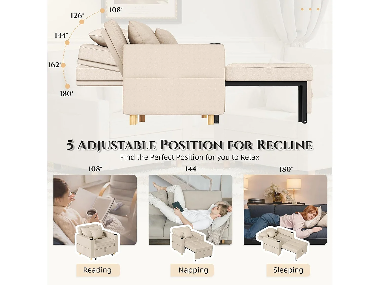 YODOLLA 188cm Chaise-Lit, 3-en-1 Siège Extensible avec Fonction Lit, Poche Latérale & Dossier Réglable pour Chambre d'Invités, Beige