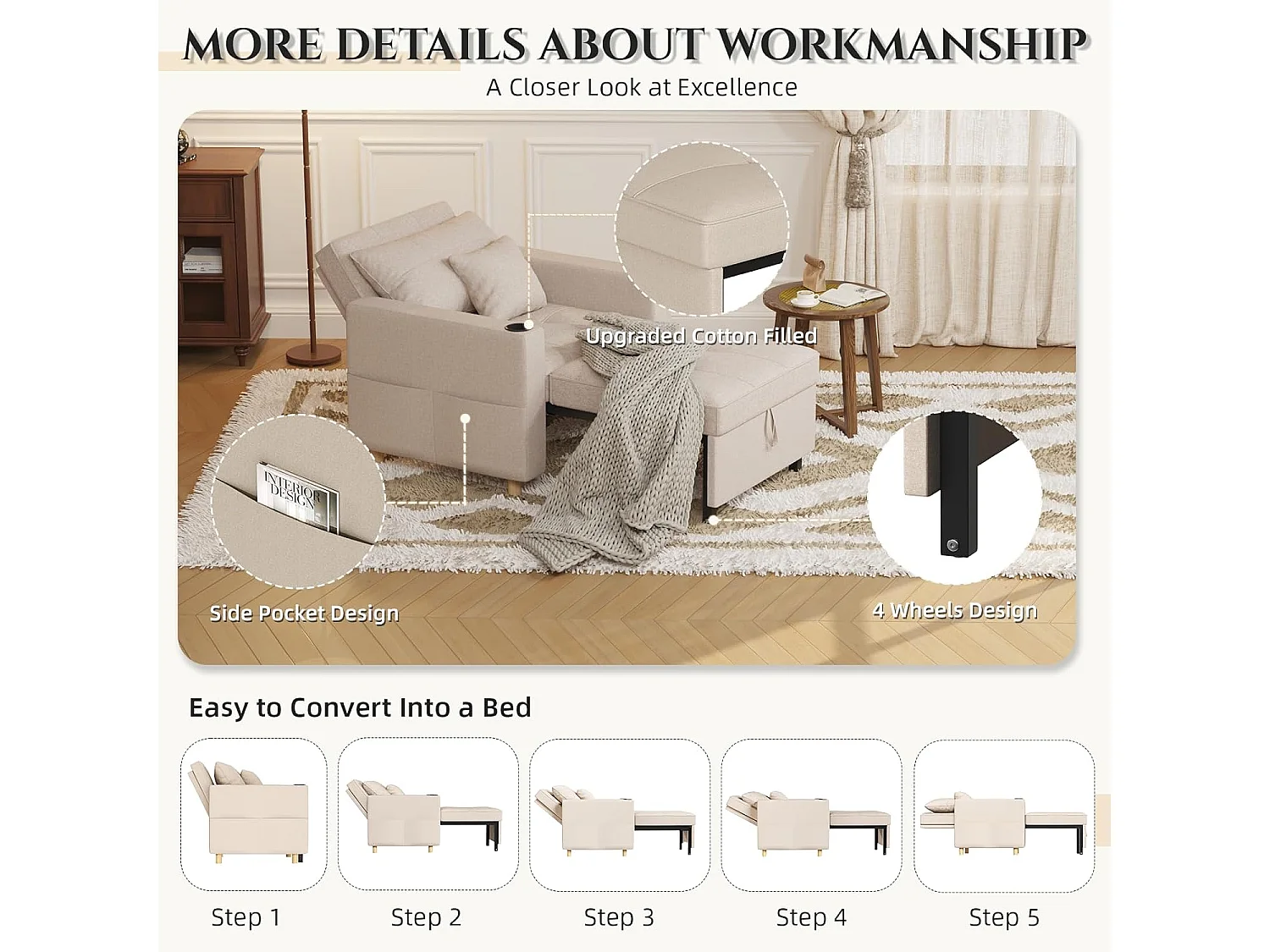 YODOLLA 188cm Chaise-Lit, 3-en-1 Siège Extensible avec Fonction Lit, Poche Latérale & Dossier Réglable pour Chambre d'Invités, Beige