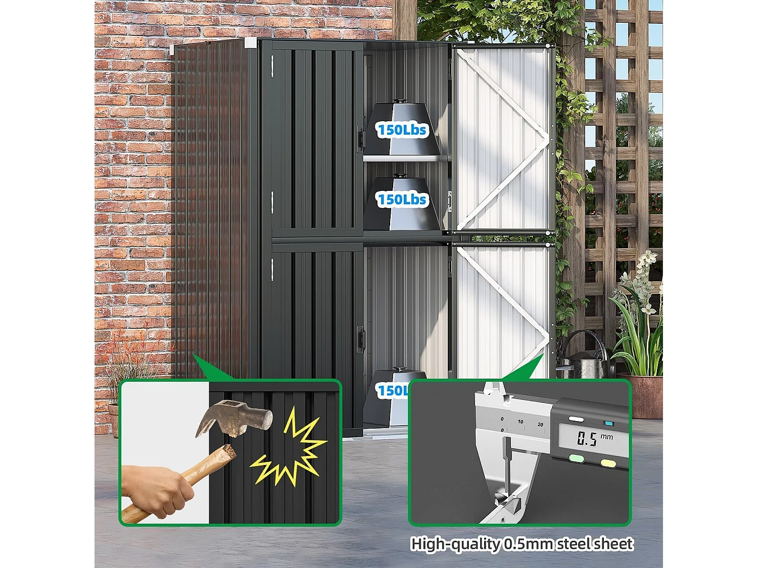 YODOLLA Abri de Jardin Métal 76x55x178cm, Armoire Extérieure à 3 Niveaux avec Étagères Réglables et Portes Verrouillables, Gris foncé