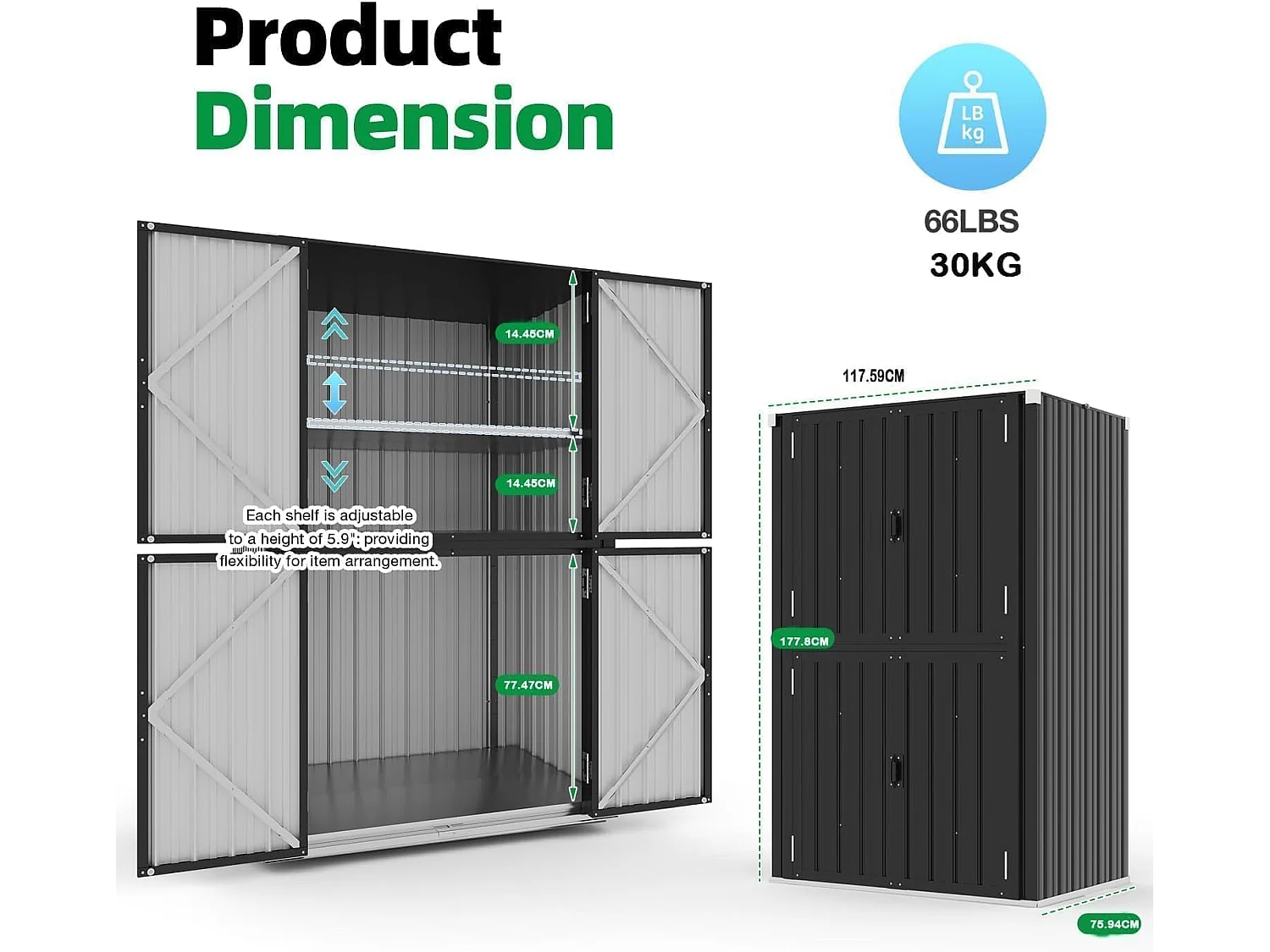 YODOLLA Abri de Jardin Métal 76x55x178cm, Armoire Extérieure à 3 Niveaux avec Étagères Réglables et Portes Verrouillables, Gris foncé