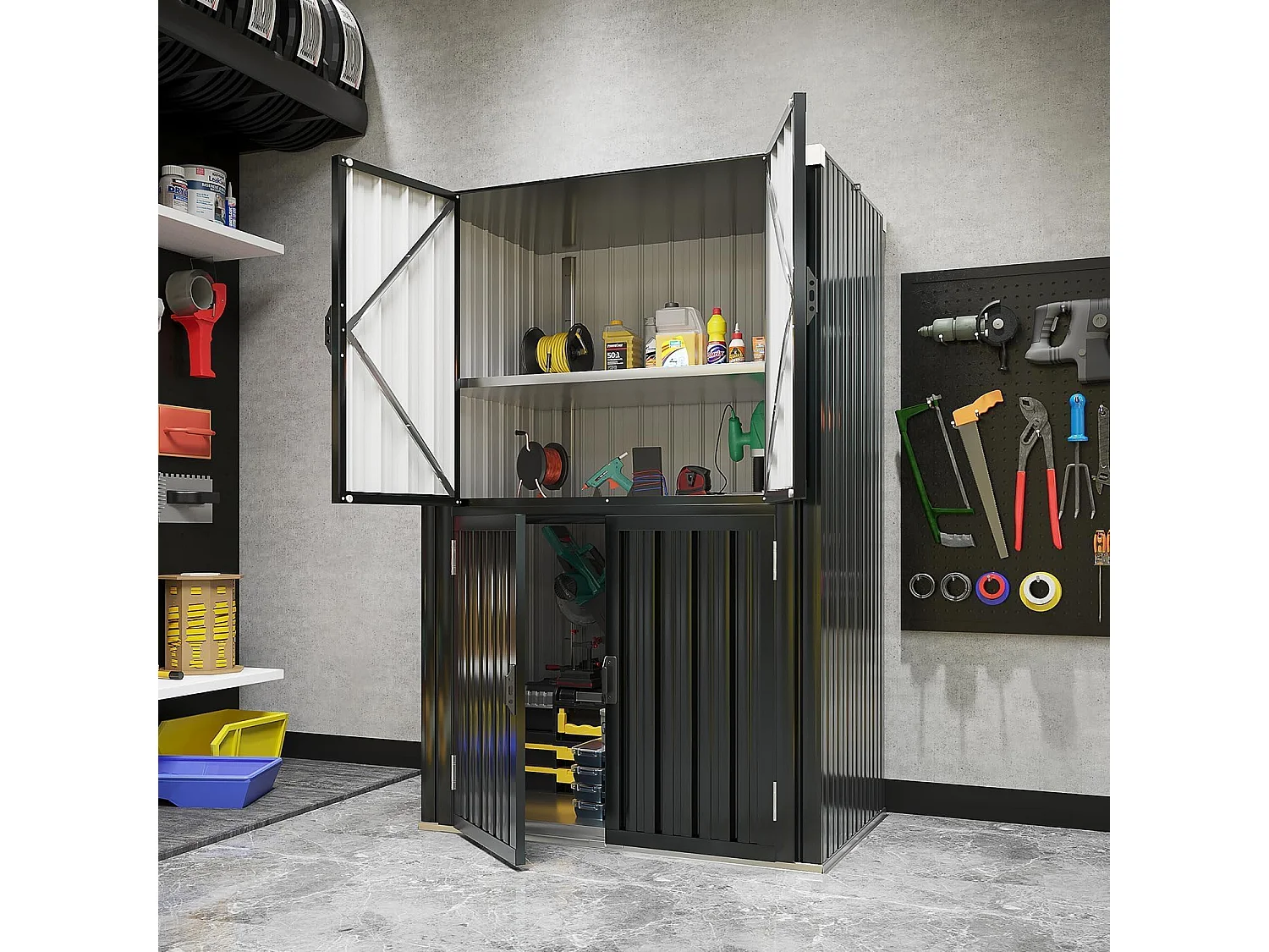 YODOLLA Abri de Jardin Métal 76x55x178cm, Armoire Extérieure à 3 Niveaux avec Étagères Réglables et Portes Verrouillables, Gris foncé