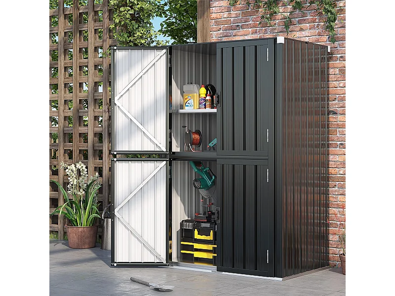 YODOLLA Abri de Jardin Métal 76x55x178cm, Armoire Extérieure à 3 Niveaux avec Étagères Réglables et Portes Verrouillables, Gris foncé