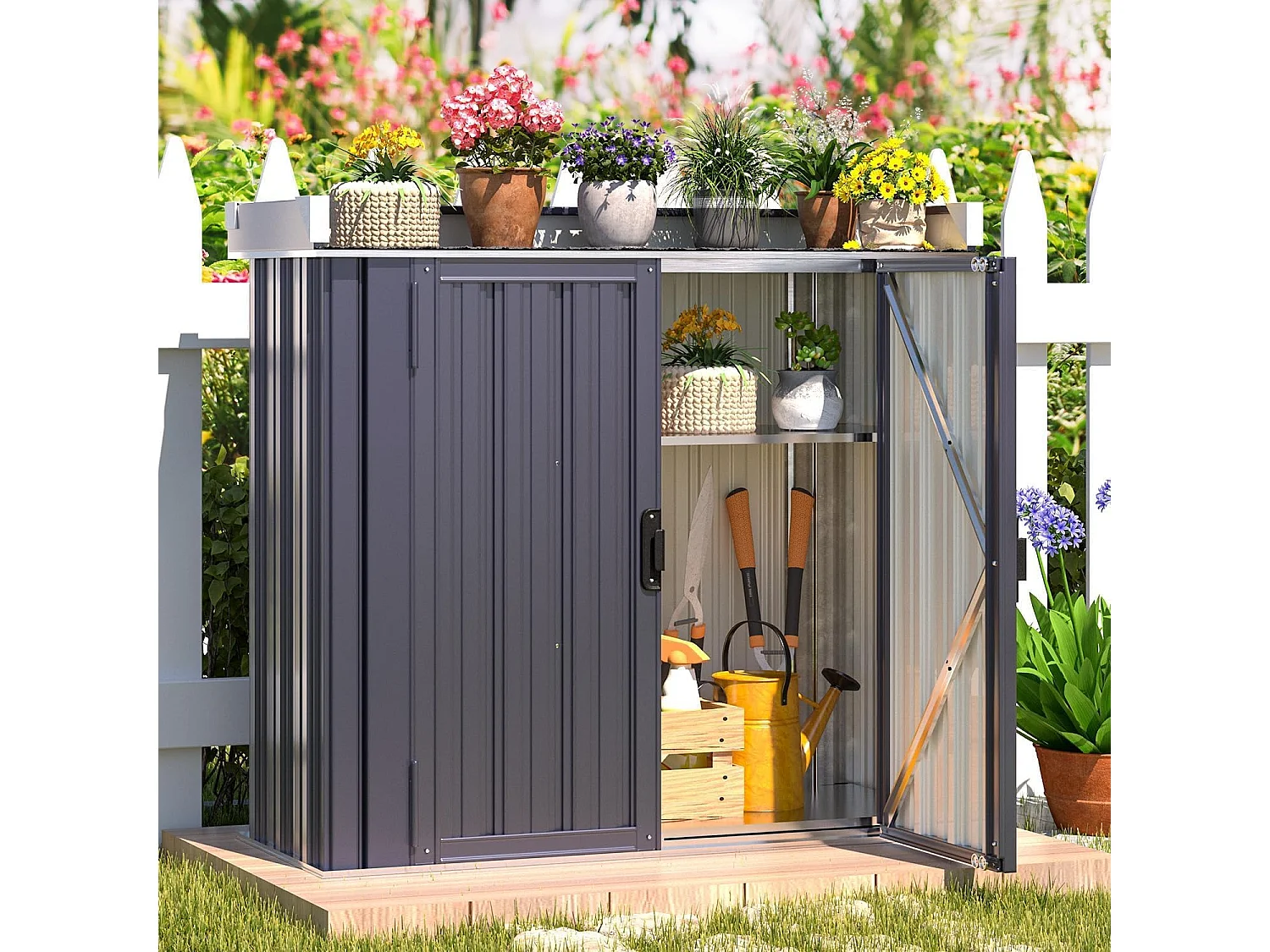 YODOLLA Gartenschrank mit Pflanztisch 97x34x93cm, Wasserdicht mit verstellbaren Regalen für den Außenbereich, Grau