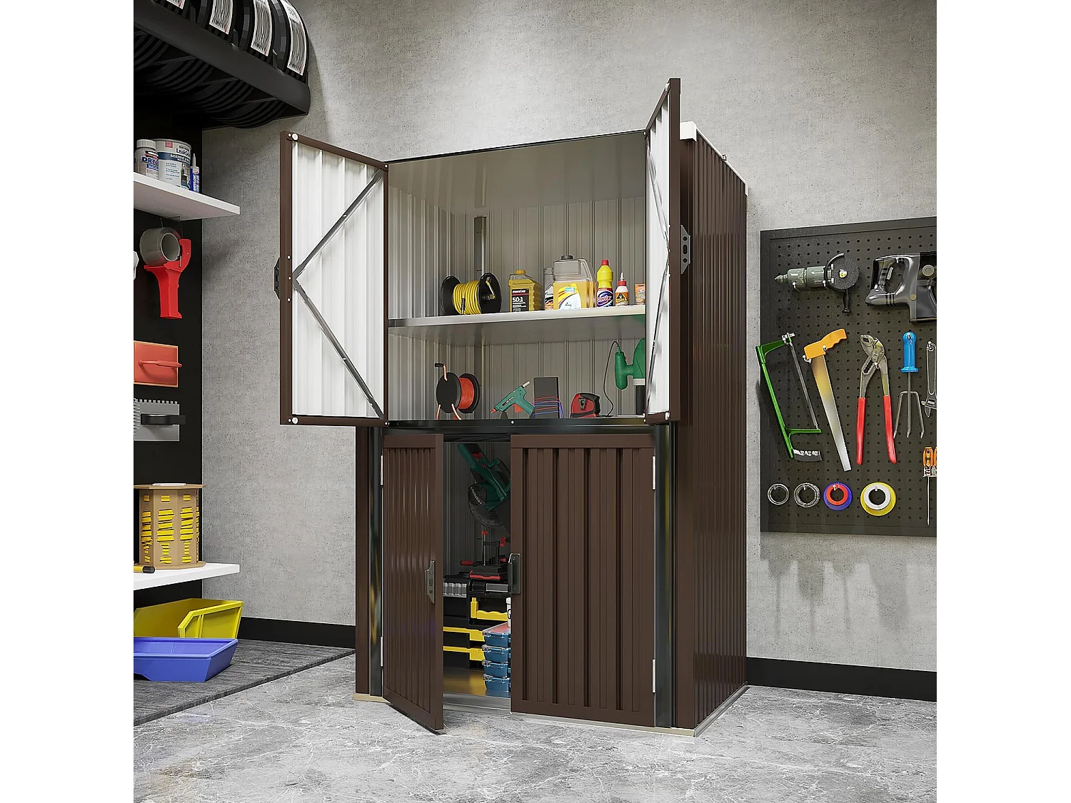 YODOLLA Abri de Jardin Métal 76x55x178cm, Armoire Extérieure à 3 Niveaux avec Étagères Réglables et Portes Verrouillables, Brun