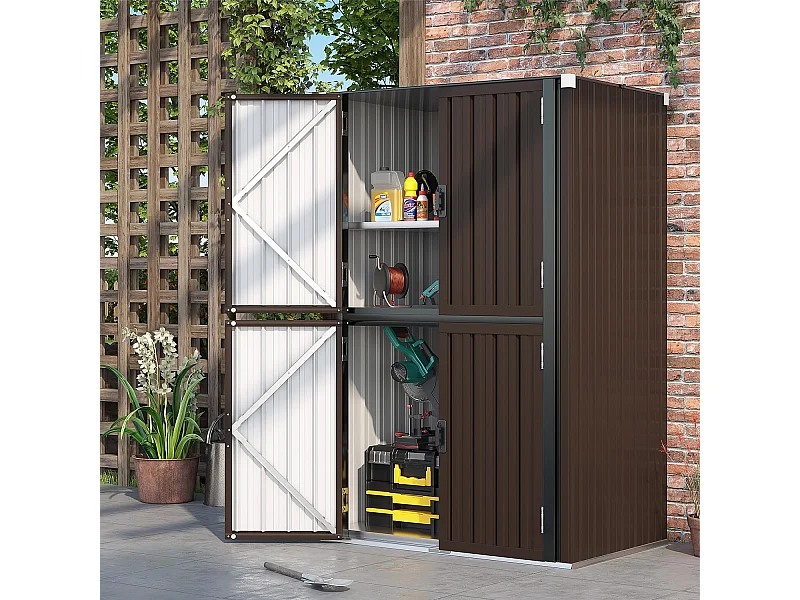 YODOLLA Abri de Jardin Métal 76x55x178cm, Armoire Extérieure à 3 Niveaux avec Étagères Réglables et Portes Verrouillables, Brun