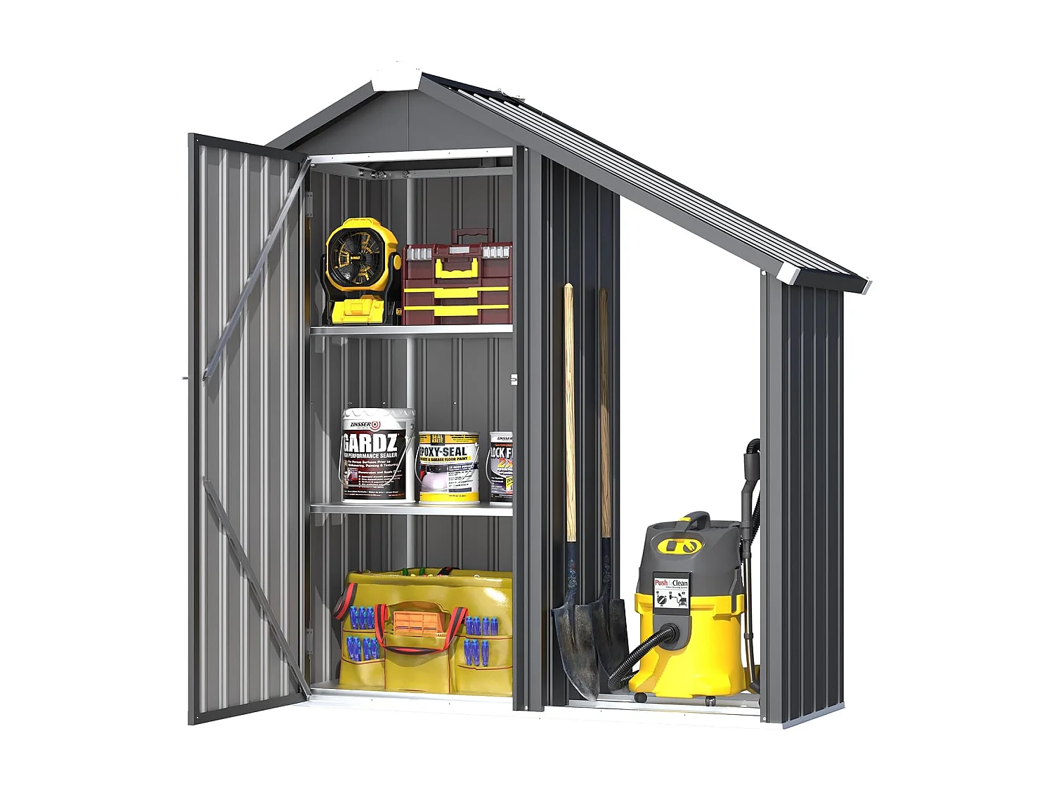 YODOLLA Gartenschrank mit Metallregalen, wetterfester Gerätehaus mit Spitzdach für Terrasse & Garten, Grau