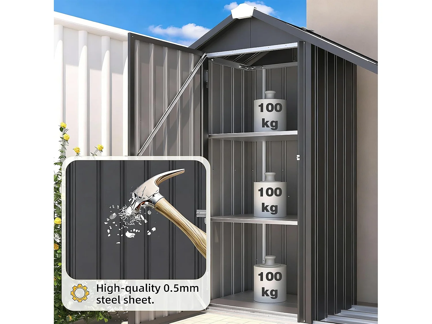 YODOLLA Gartenschrank mit Metallregalen, wetterfester Gerätehaus mit Spitzdach für Terrasse & Garten, Grau