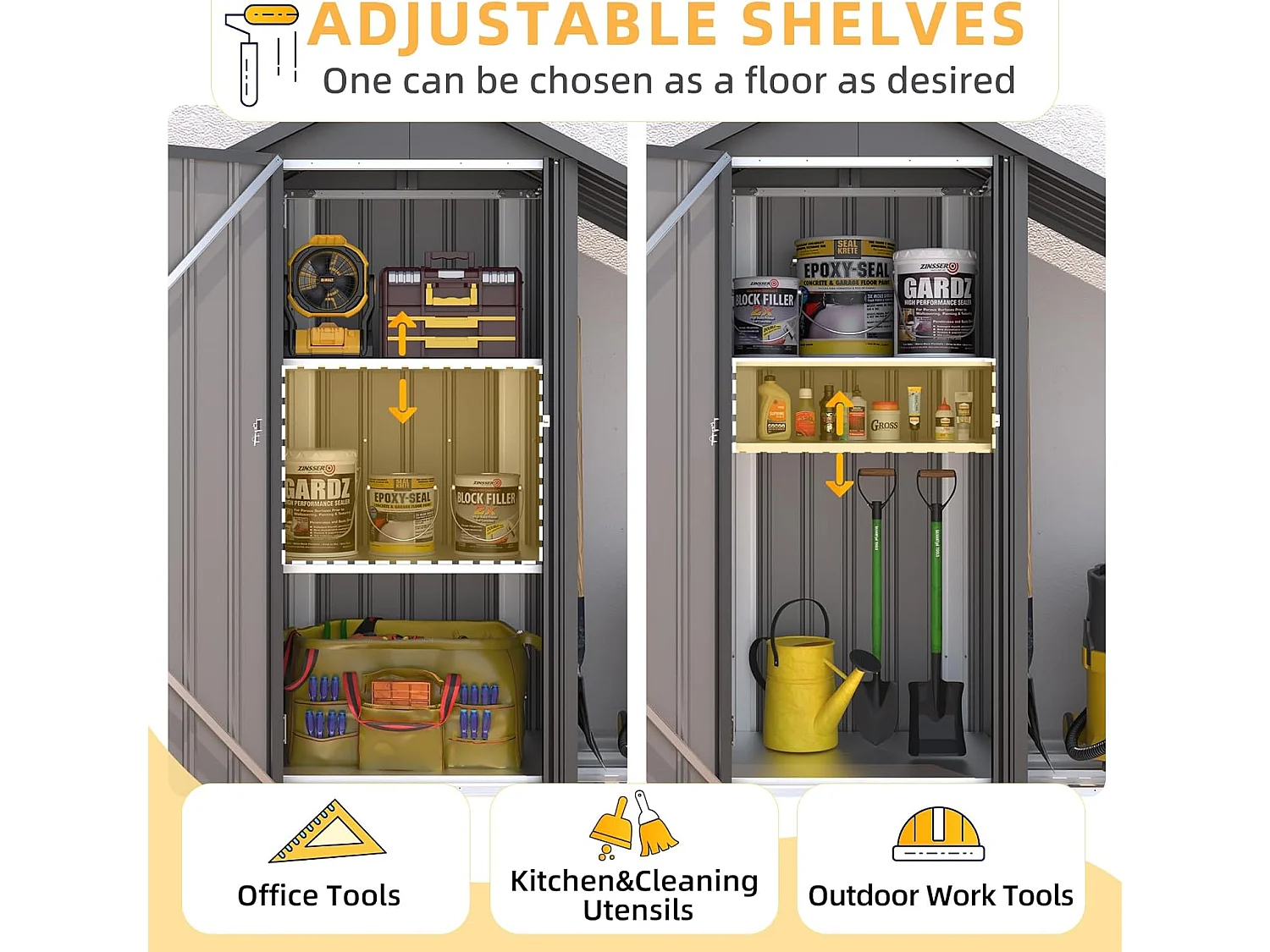 YODOLLA Gartenschrank mit Metallregalen, wetterfester Gerätehaus mit Spitzdach für Terrasse & Garten, Grau