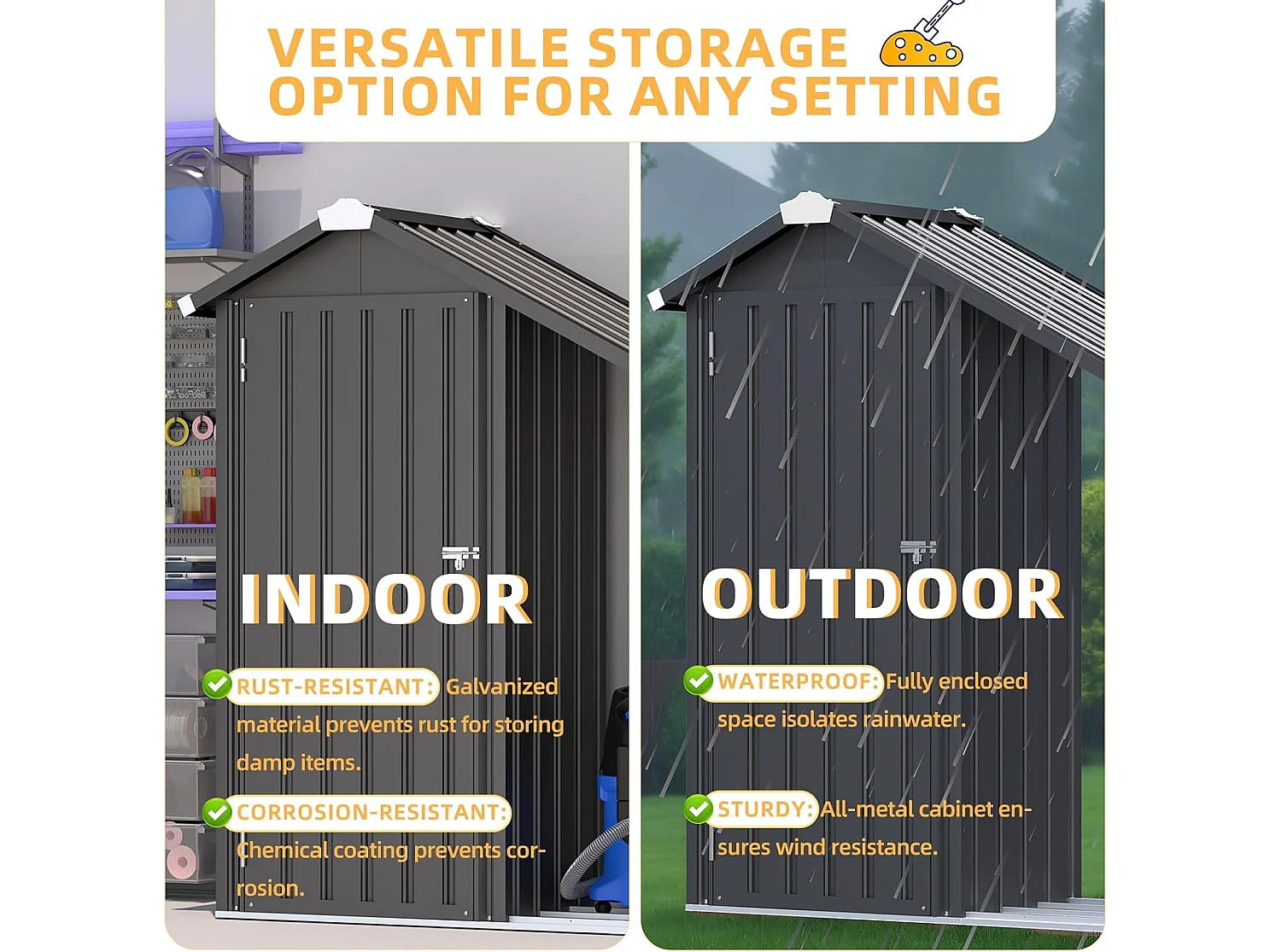 YODOLLA Gartenschrank mit Metallregalen, wetterfester Gerätehaus mit Spitzdach für Terrasse & Garten, Grau